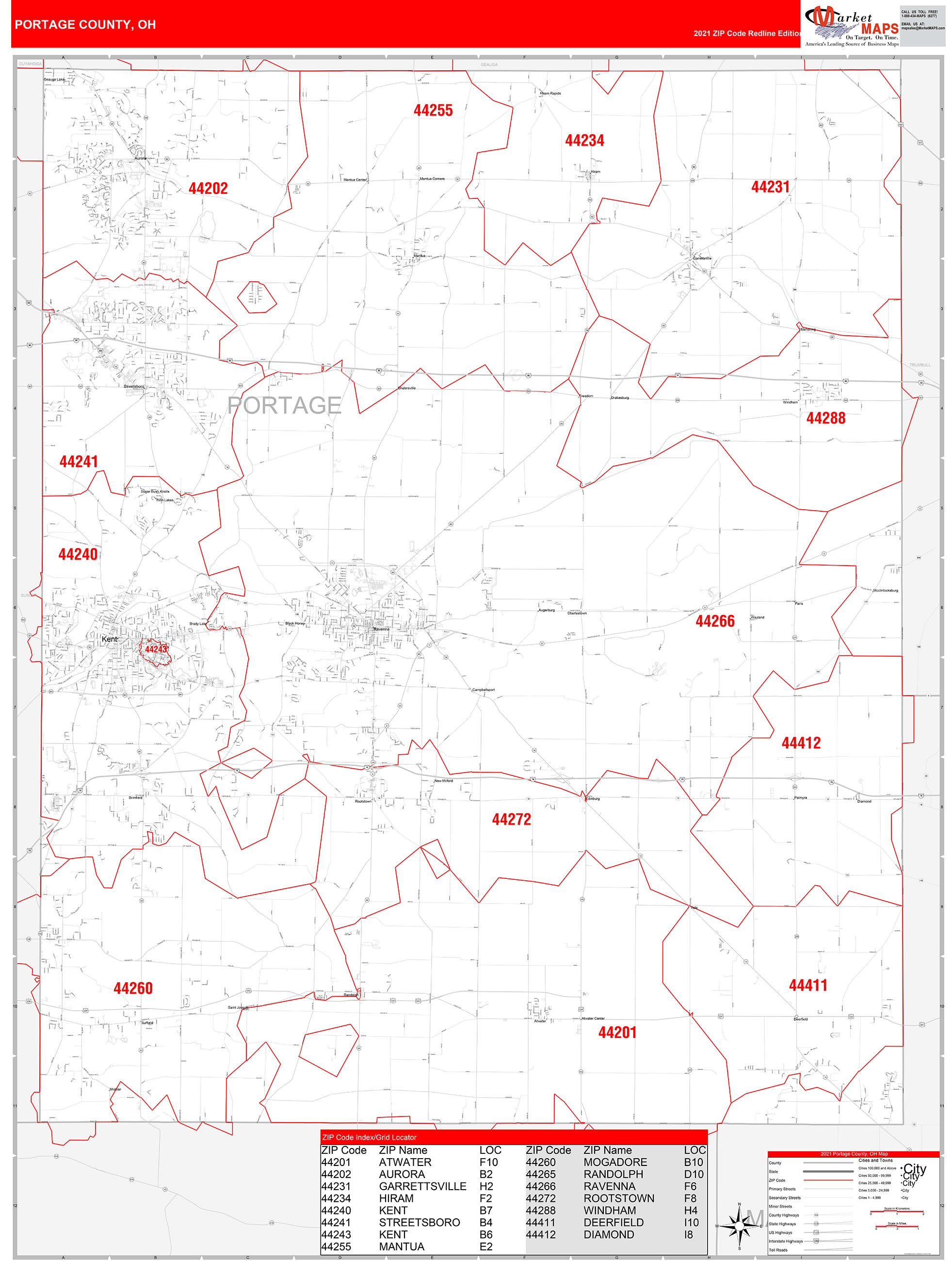 Portage County, OH Zip Code Wall Map Red Line Style by MarketMAPS