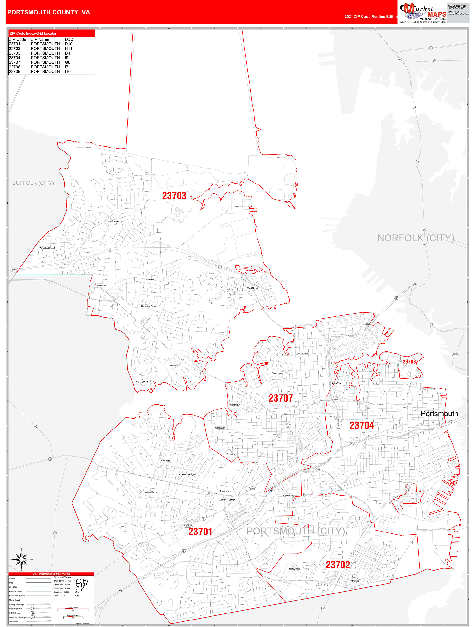 Portsmouth County, VA Zip Code Wall Map Red Line Style by MarketMAPS