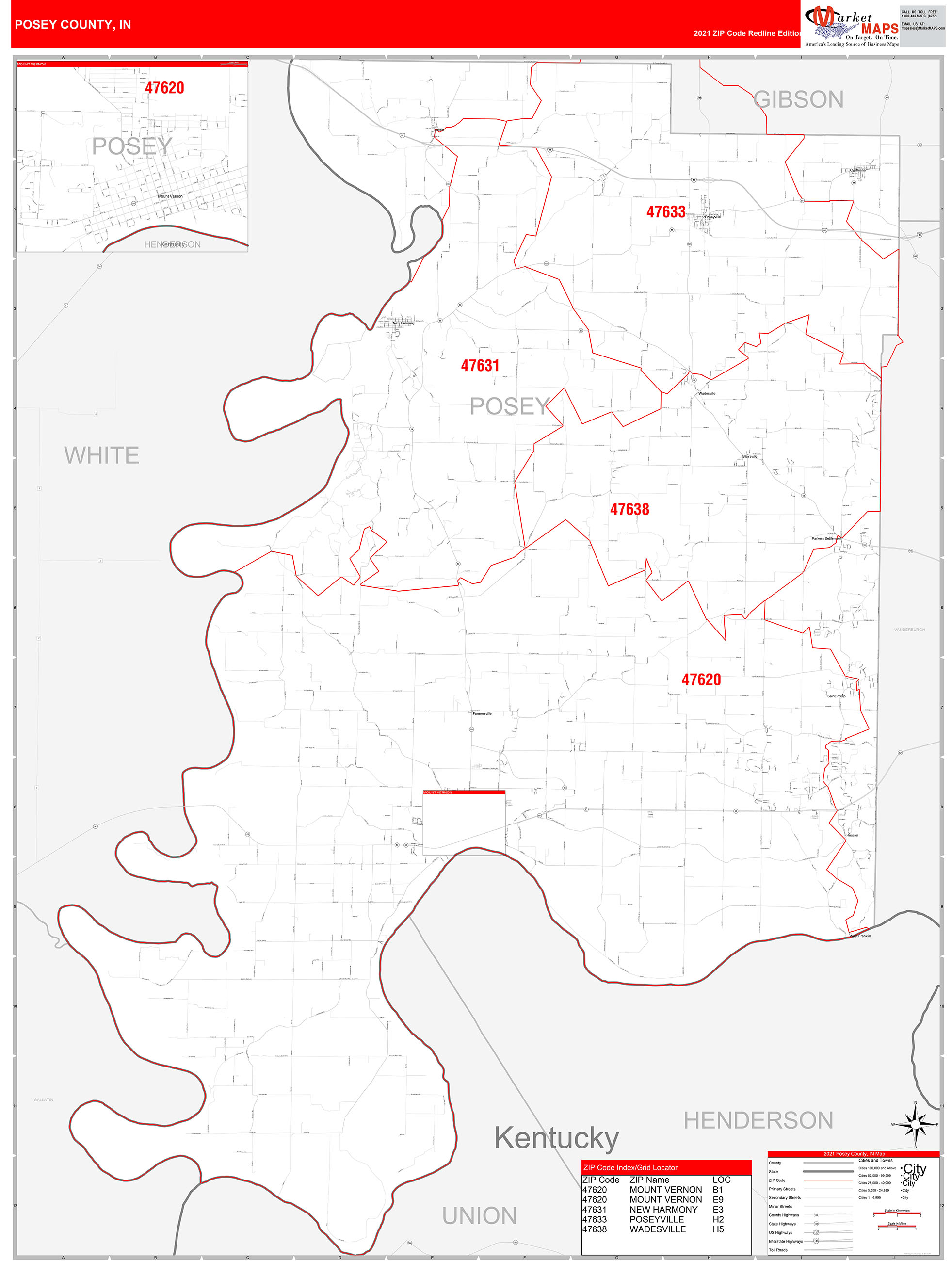 Posey County, IN Zip Code Wall Map Red Line Style by MarketMAPS MapSales