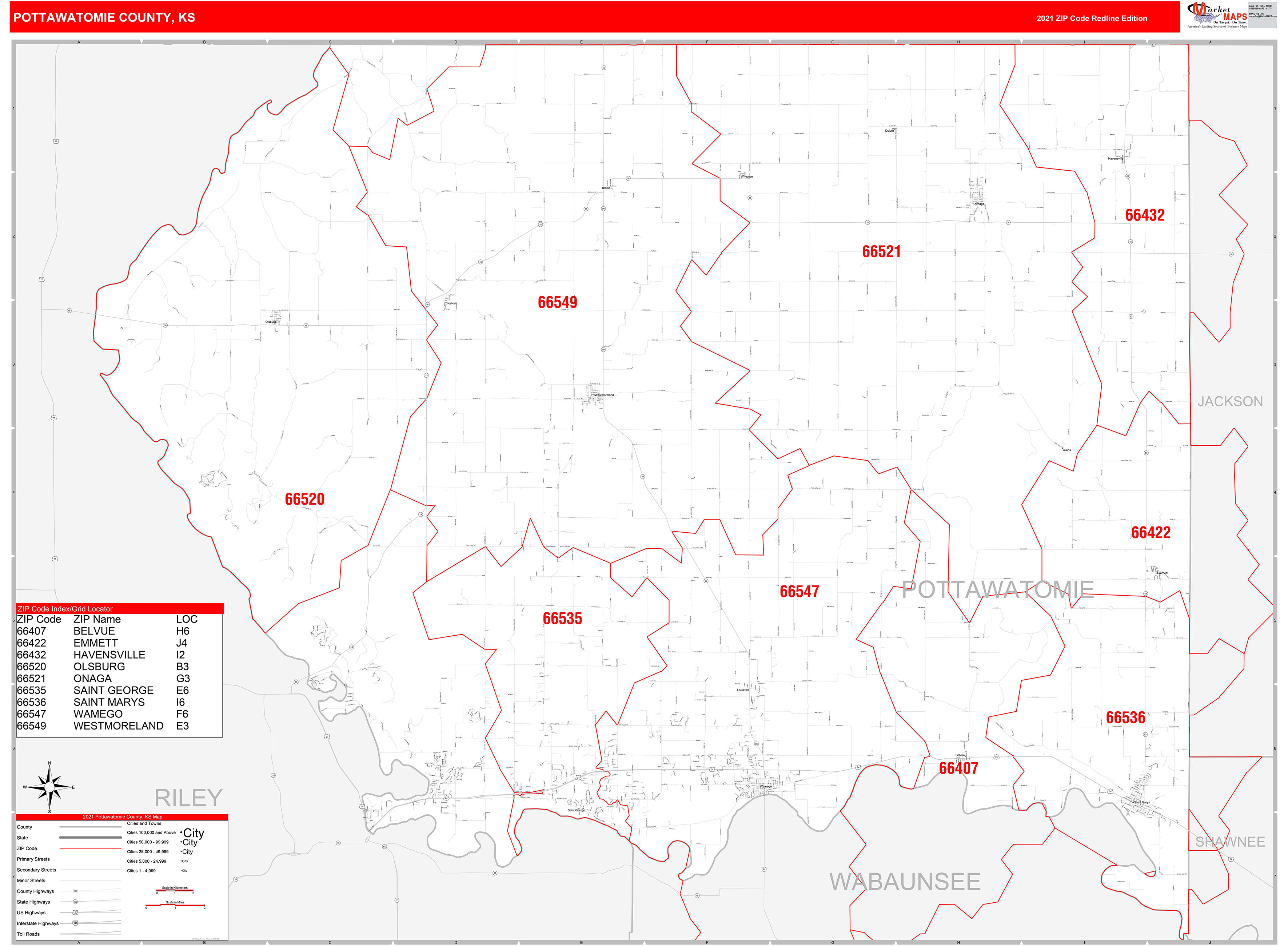 Pottawatomie County, KS Zip Code Wall Map Red Line Style by MarketMAPS