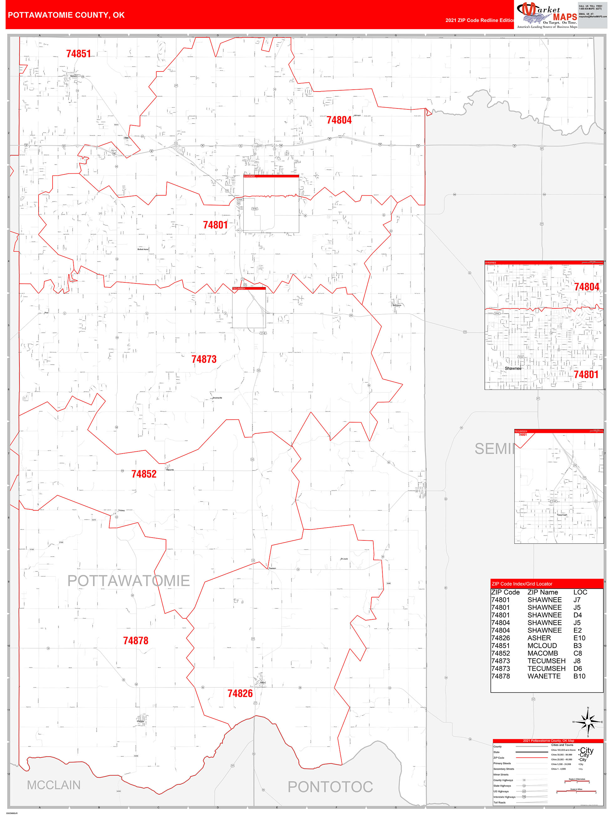 Pottawatomie County, OK Zip Code Wall Map Red Line Style by MarketMAPS