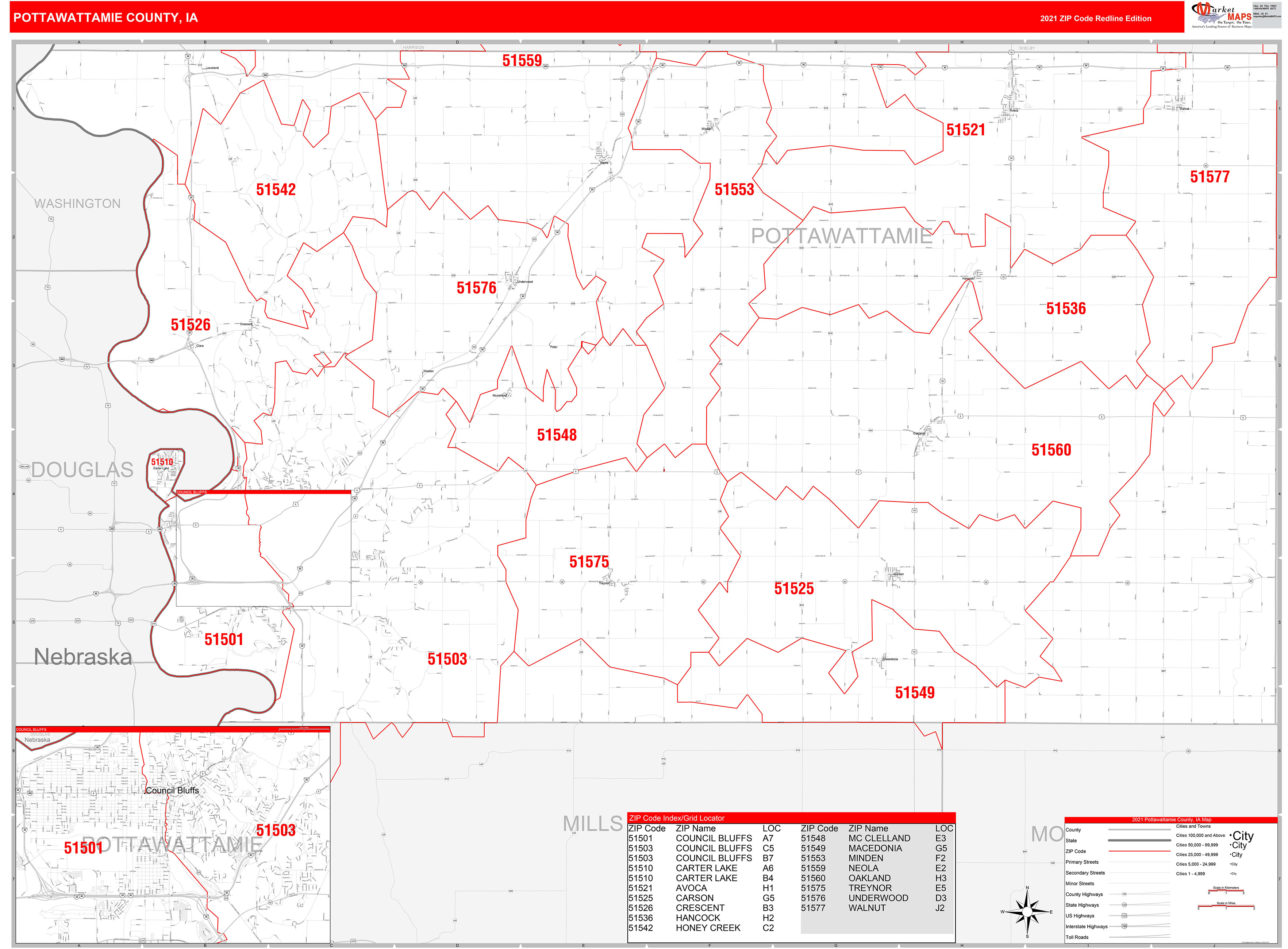 Pottawattamie County, IA Zip Code Wall Map Red Line Style by MarketMAPS