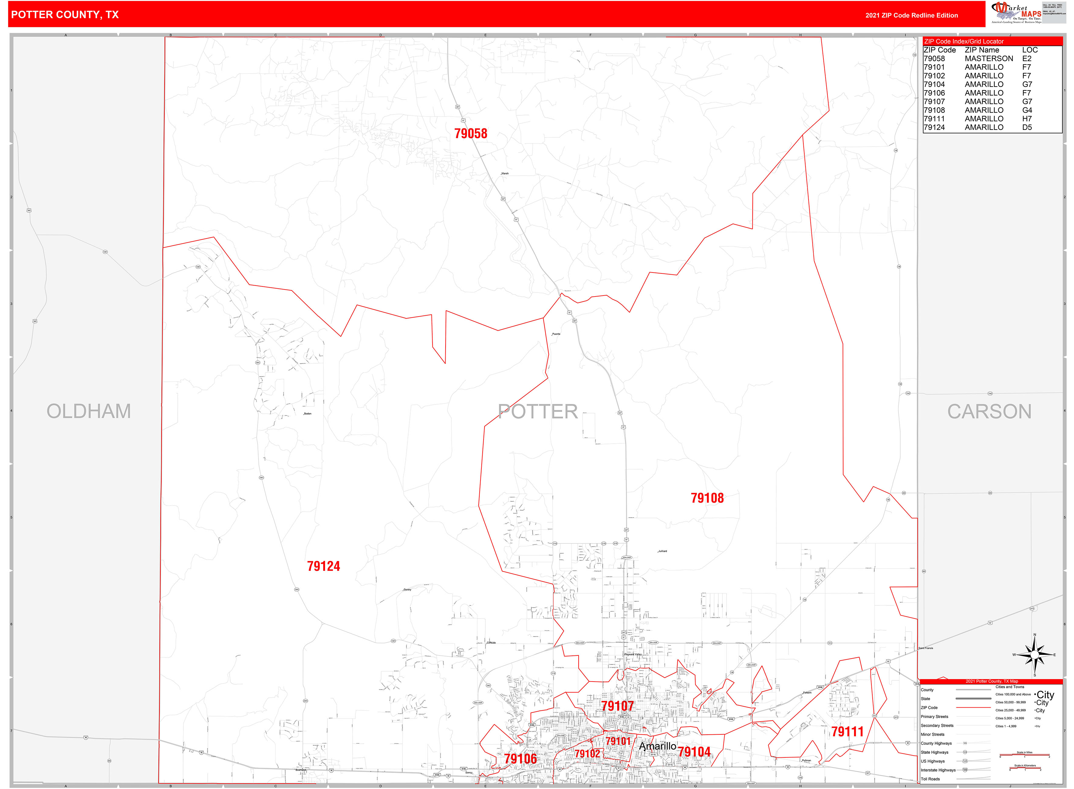 Potter County, TX Zip Code Wall Map Red Line Style by MarketMAPS MapSales