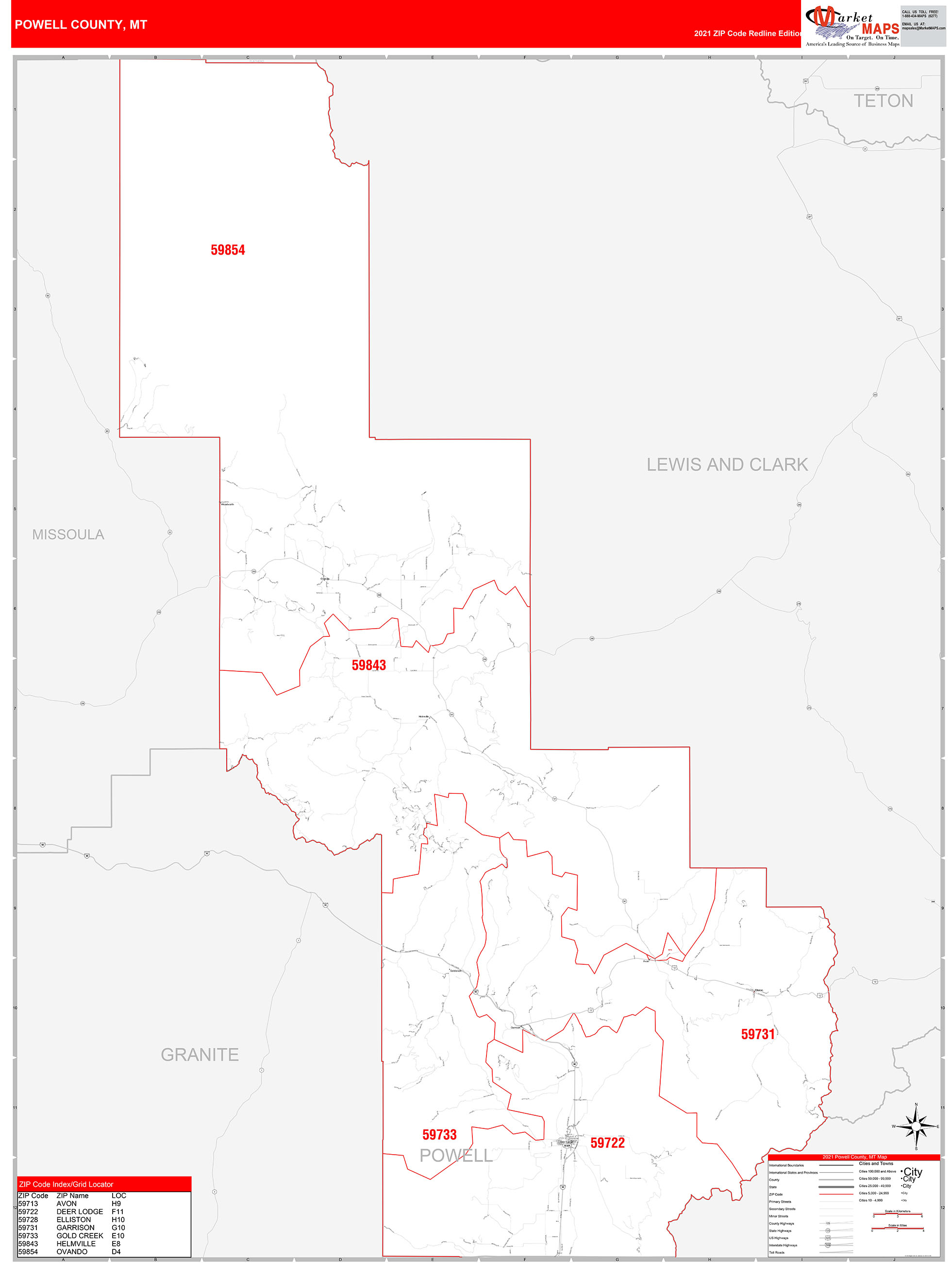 Powell County, MT Zip Code Wall Map Red Line Style by MarketMAPS