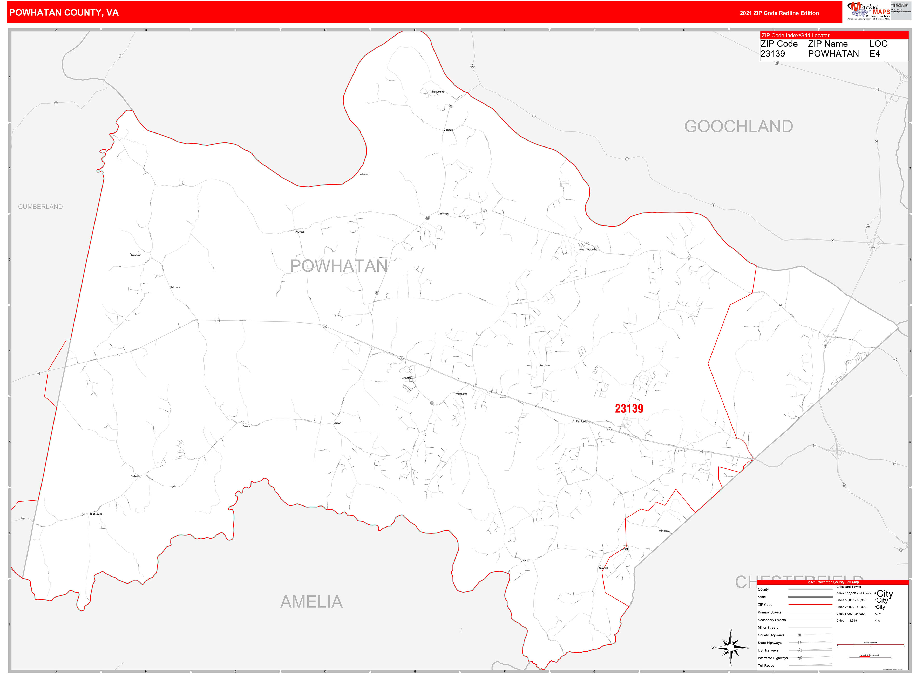 Powhatan County, VA Zip Code Wall Map Red Line Style by MarketMAPS