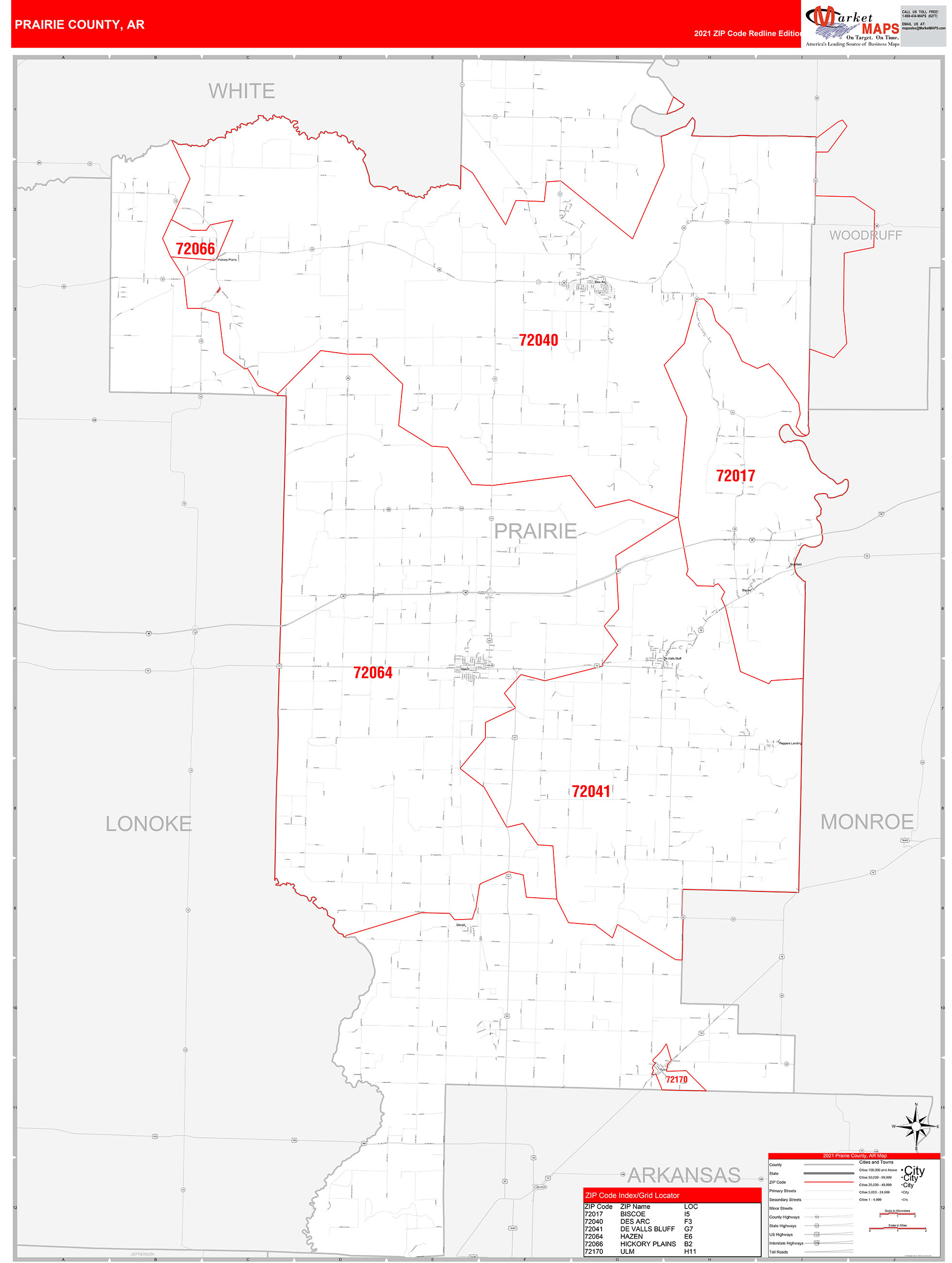 Prairie County, AR Zip Code Wall Map Red Line Style by MarketMAPS