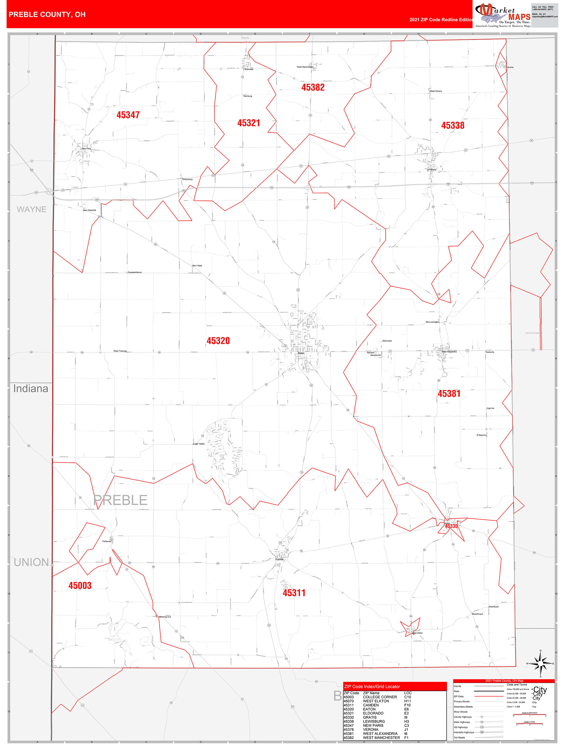 Preble County, OH Zip Code Wall Map Red Line Style by MarketMAPS MapSales