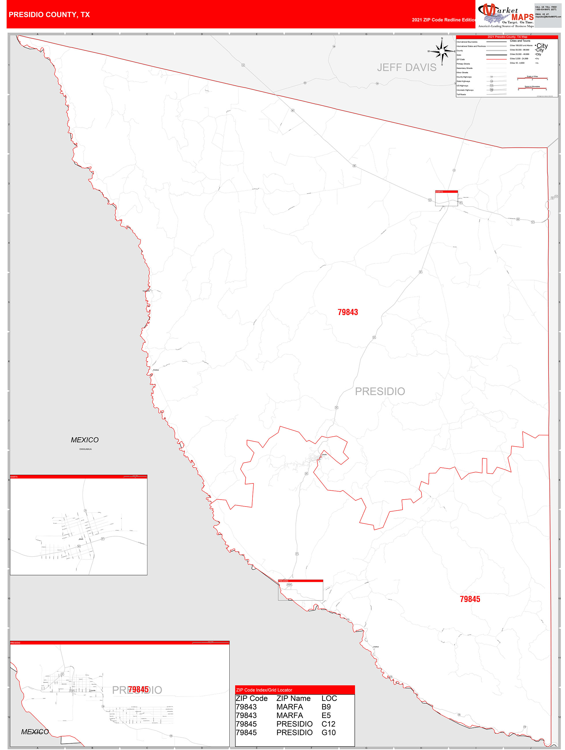 Presidio County, TX Zip Code Wall Map Red Line Style by MarketMAPS