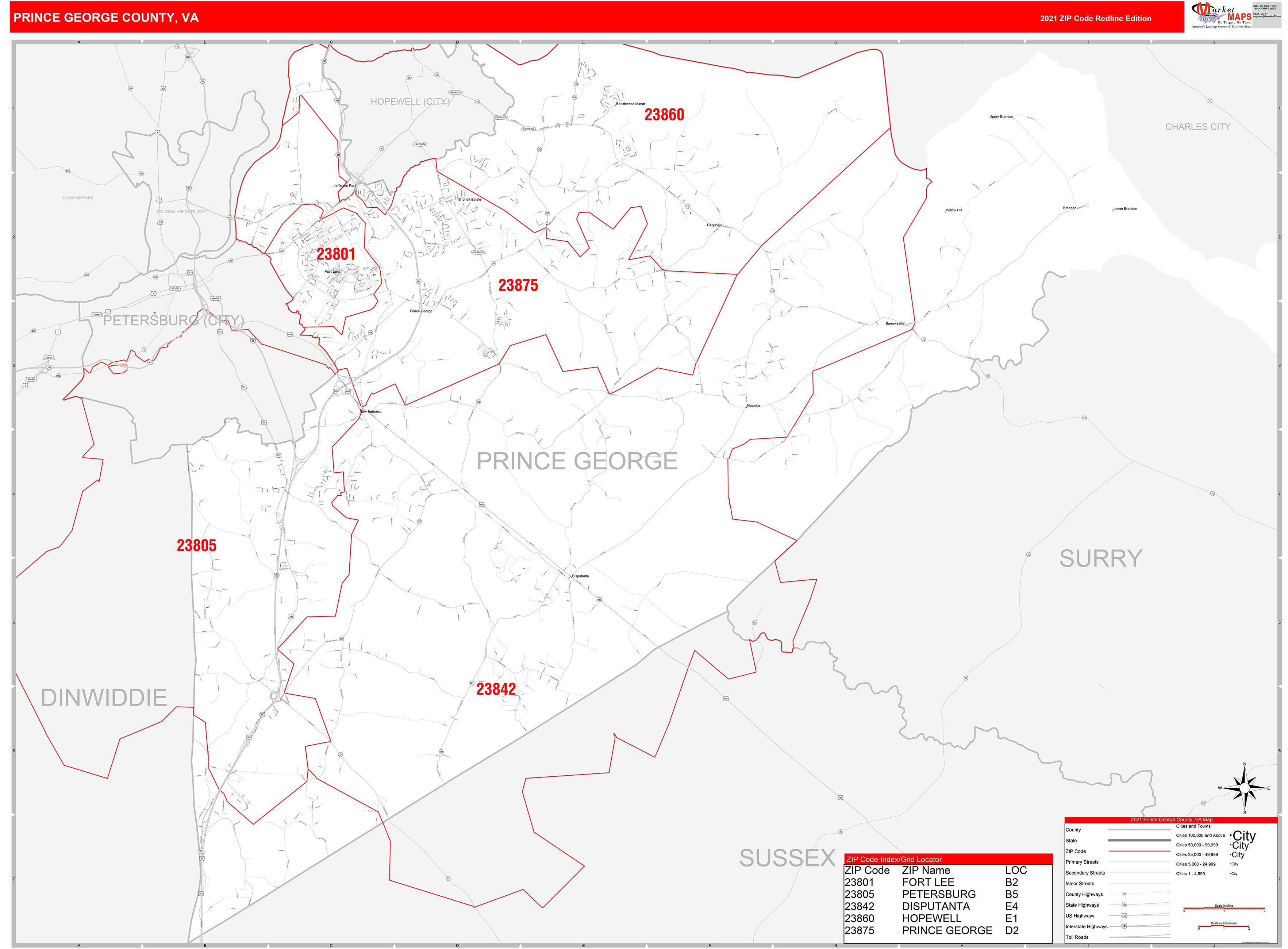 Prince County, VA Zip Code Wall Map Red Line Style by MarketMAPS