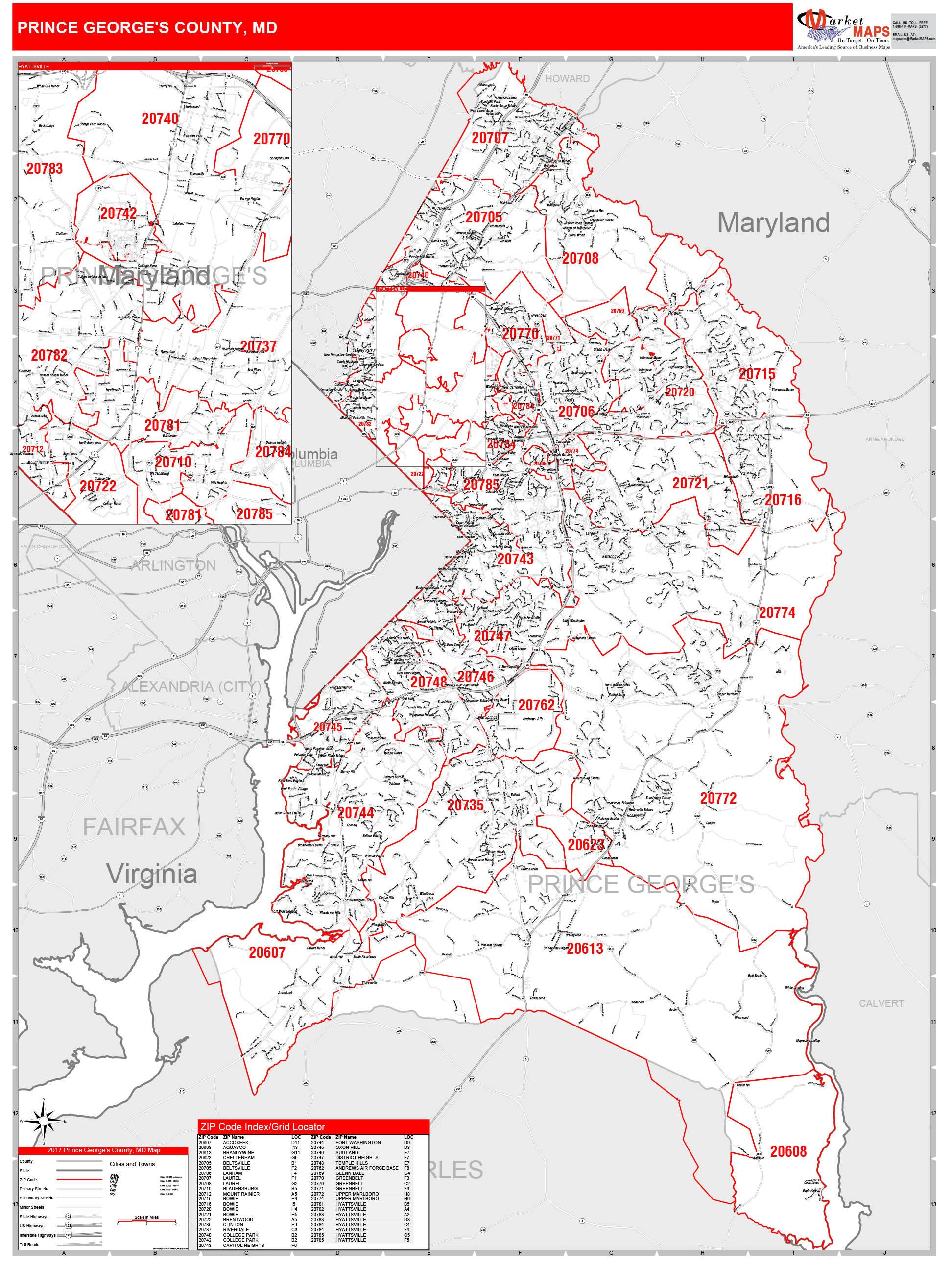 Prince Georges County Md Zip Code Wall Map Red Line Style By