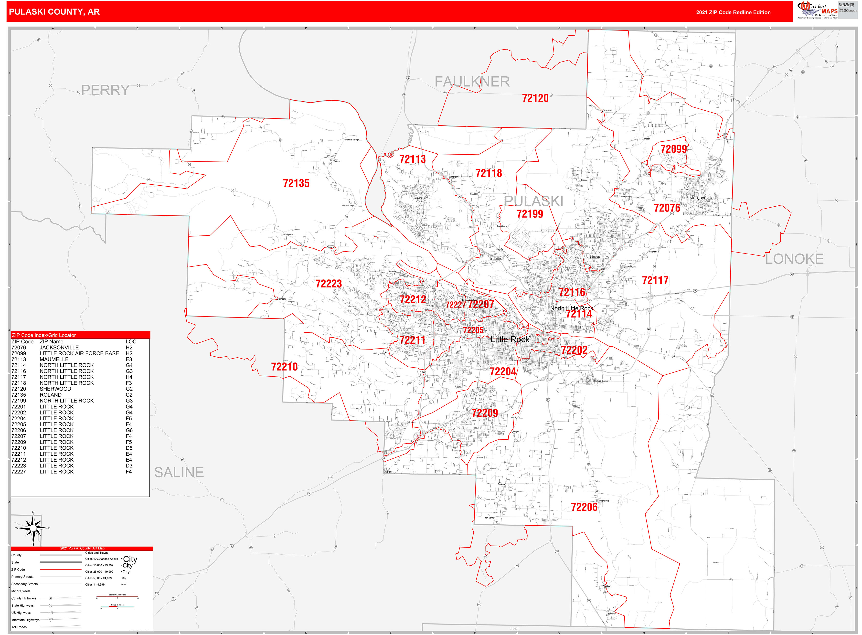 Pulaski County Ar Zip Code Wall Map Red Line Style By Marketmaps