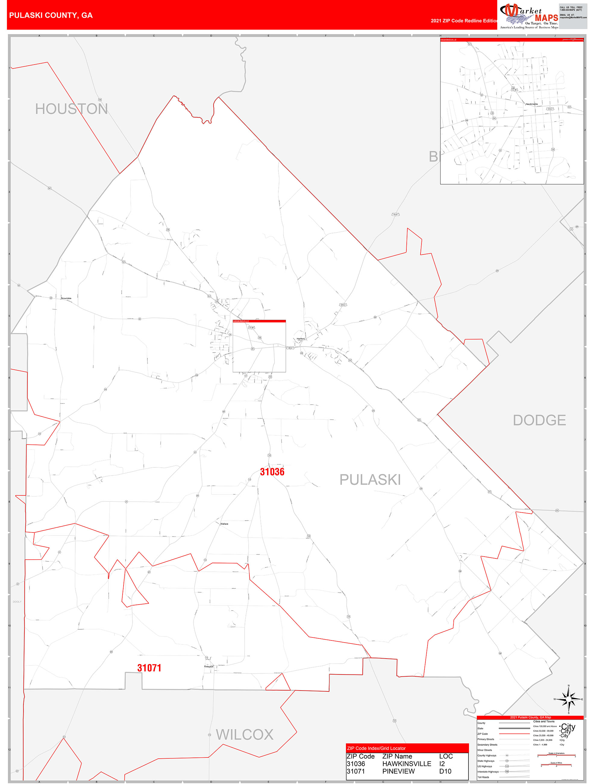 Pulaski County, GA Zip Code Wall Map Red Line Style by MarketMAPS
