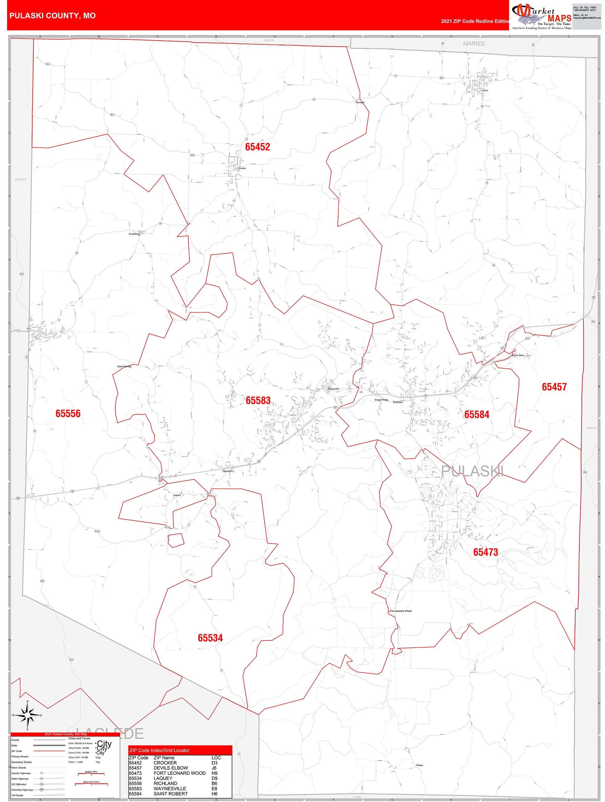 Pulaski County, MO Zip Code Wall Map Red Line Style by MarketMAPS
