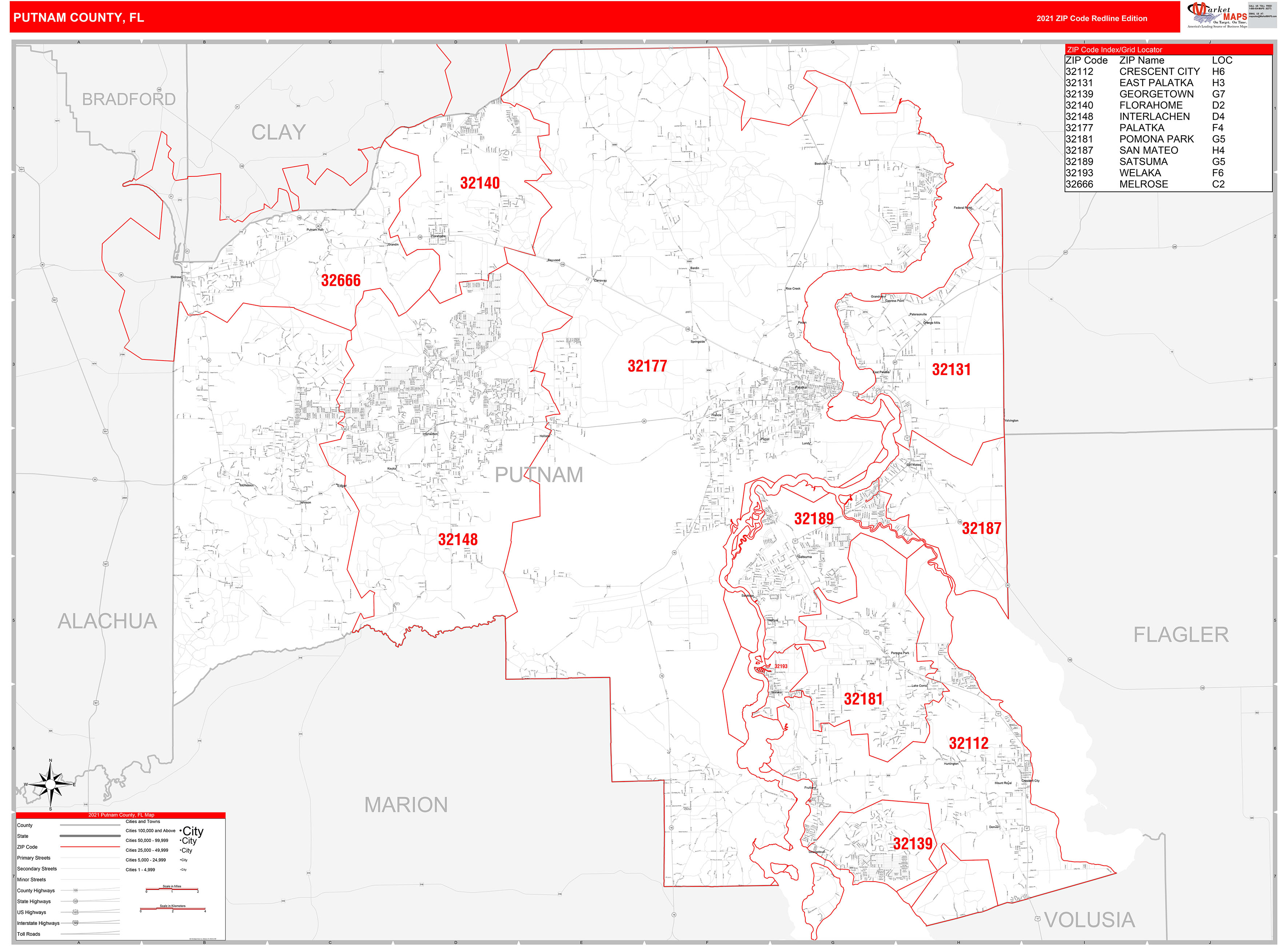 Putnam County, FL Zip Code Wall Map Red Line Style by MarketMAPS MapSales