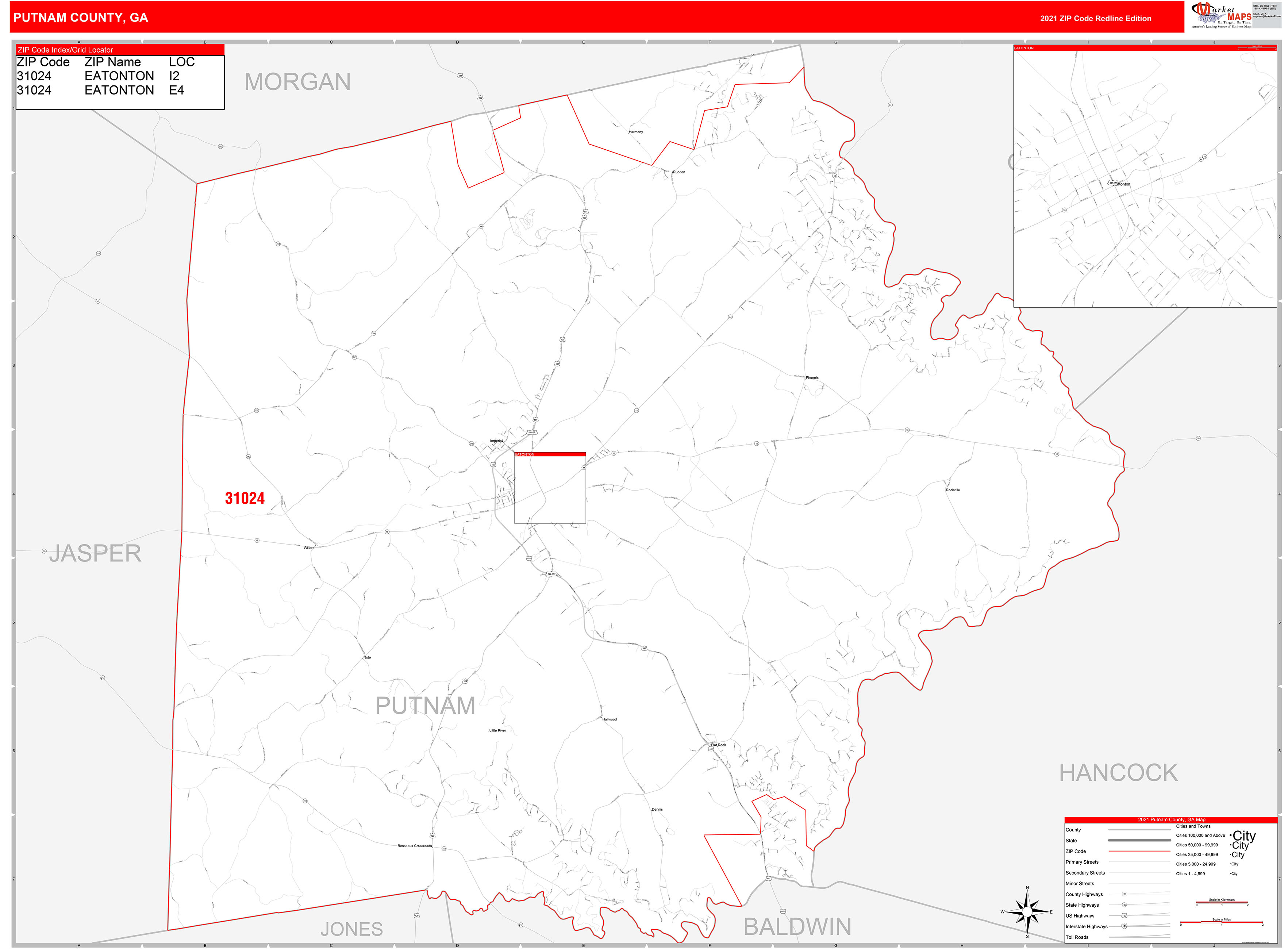 Putnam County, GA Zip Code Wall Map Red Line Style by MarketMAPS MapSales