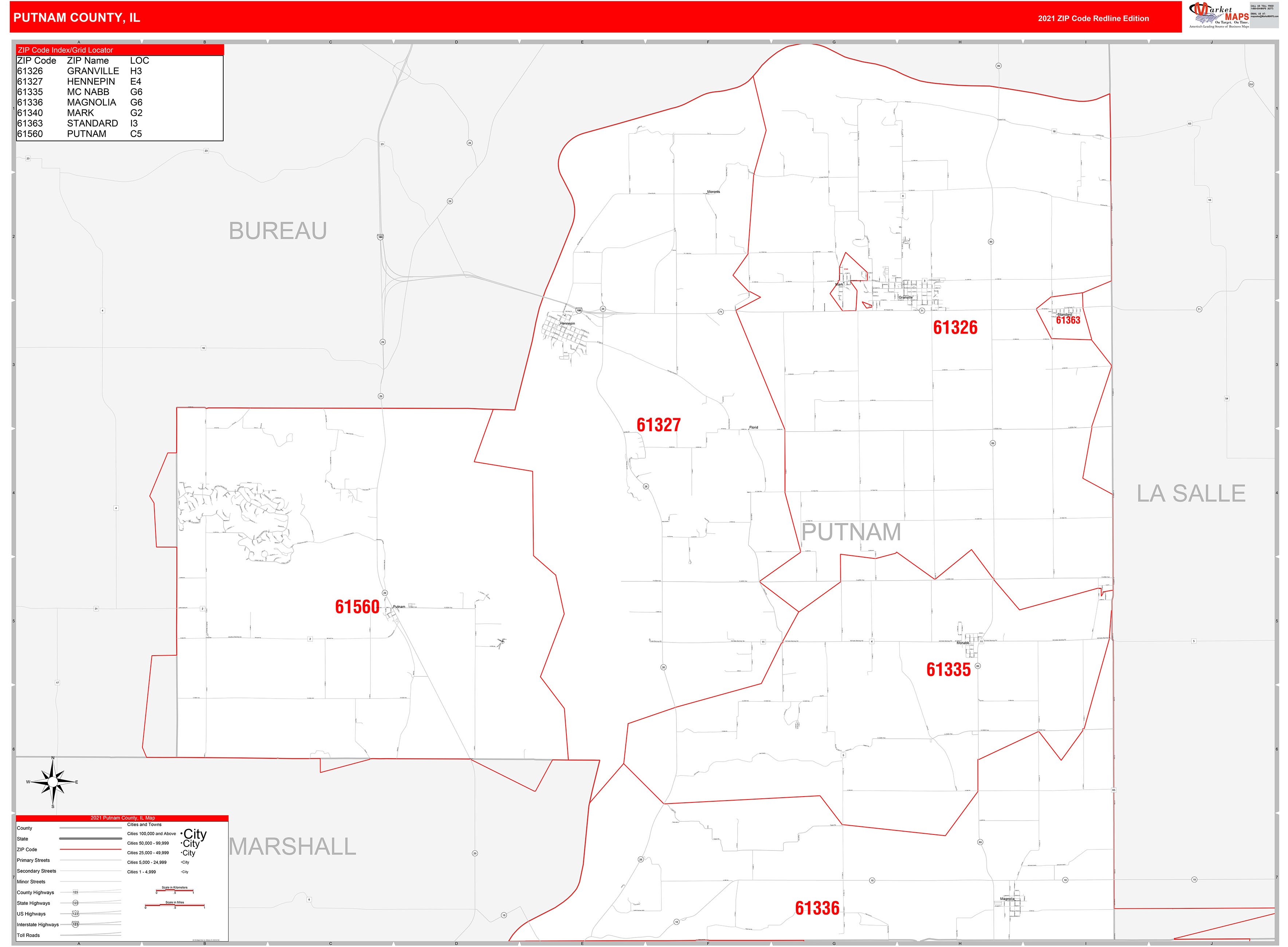 Putnam County, IL Zip Code Wall Map Red Line Style by MarketMAPS