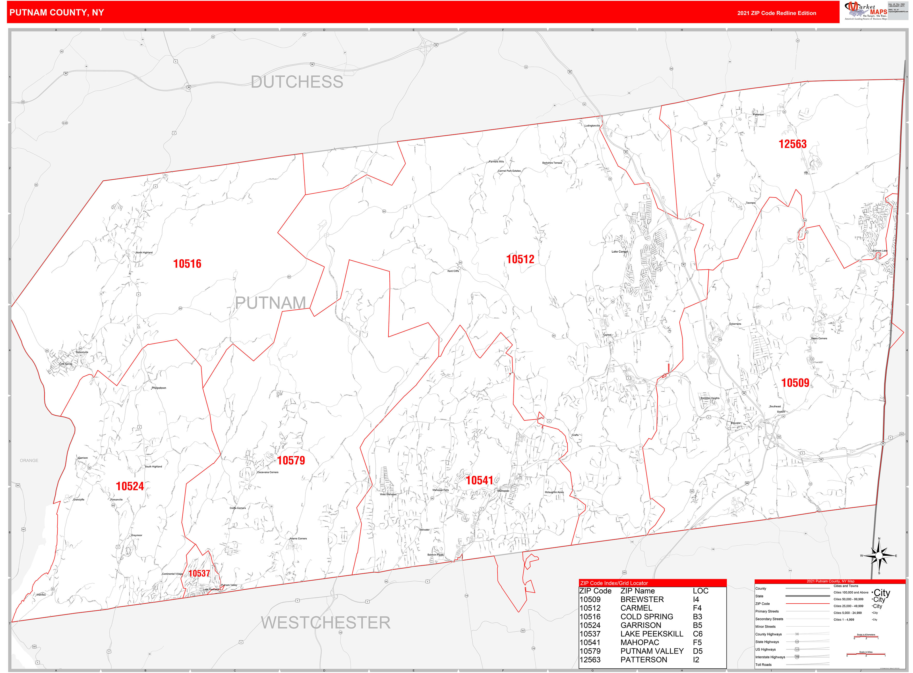 Putnam County, NY Zip Code Wall Map Red Line Style by MarketMAPS MapSales