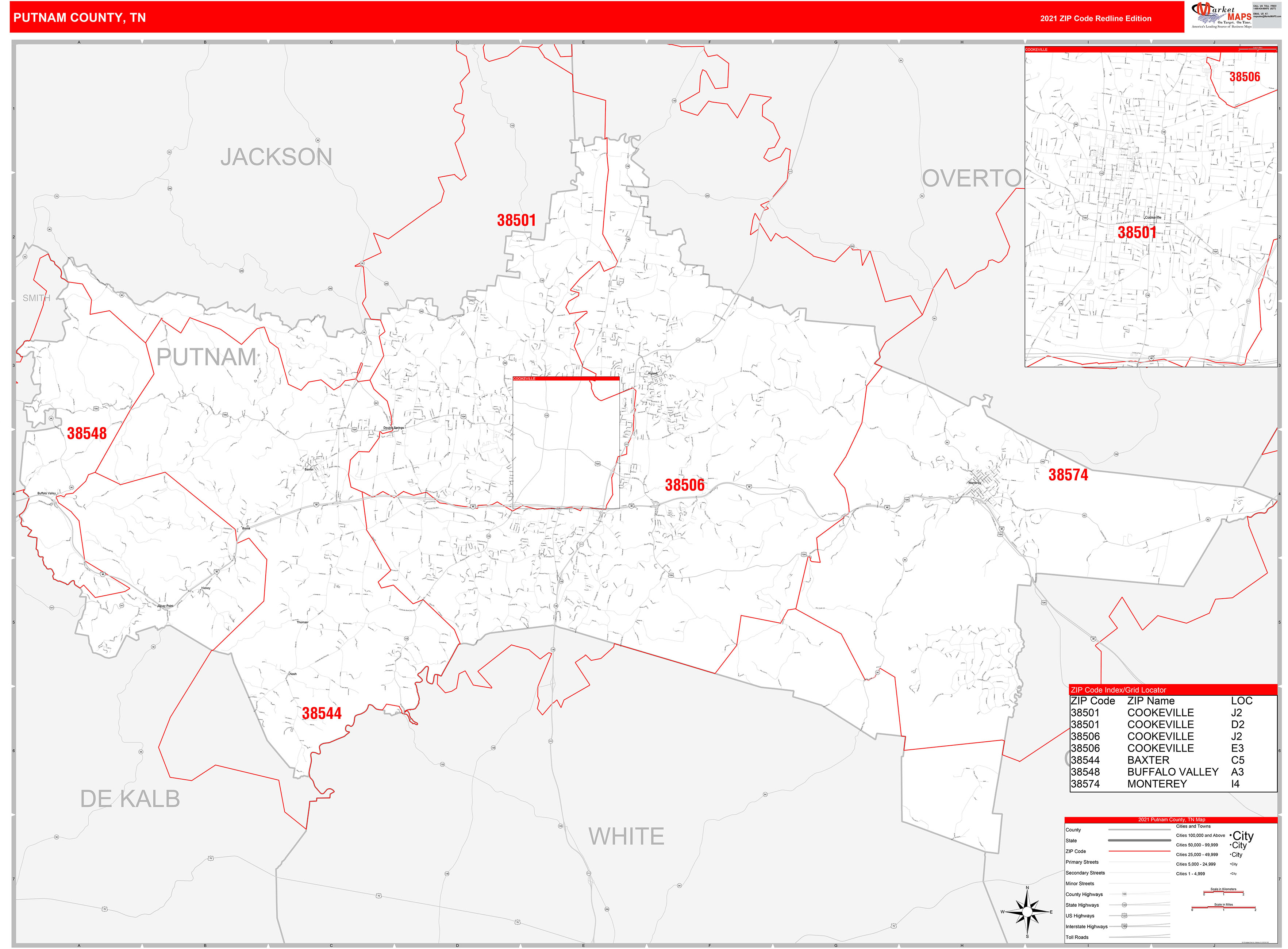 Putnam County, TN Zip Code Wall Map Red Line Style by MarketMAPS