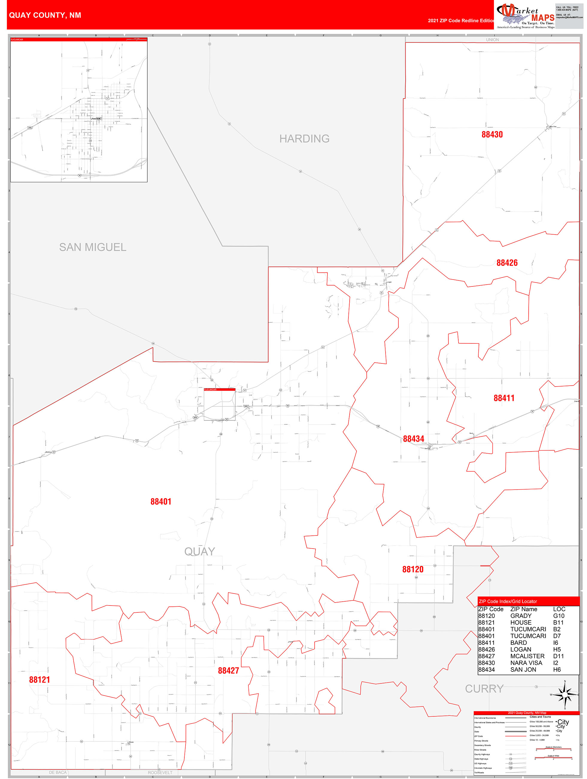 Quay County, NM Zip Code Wall Map Red Line Style by MarketMAPS MapSales