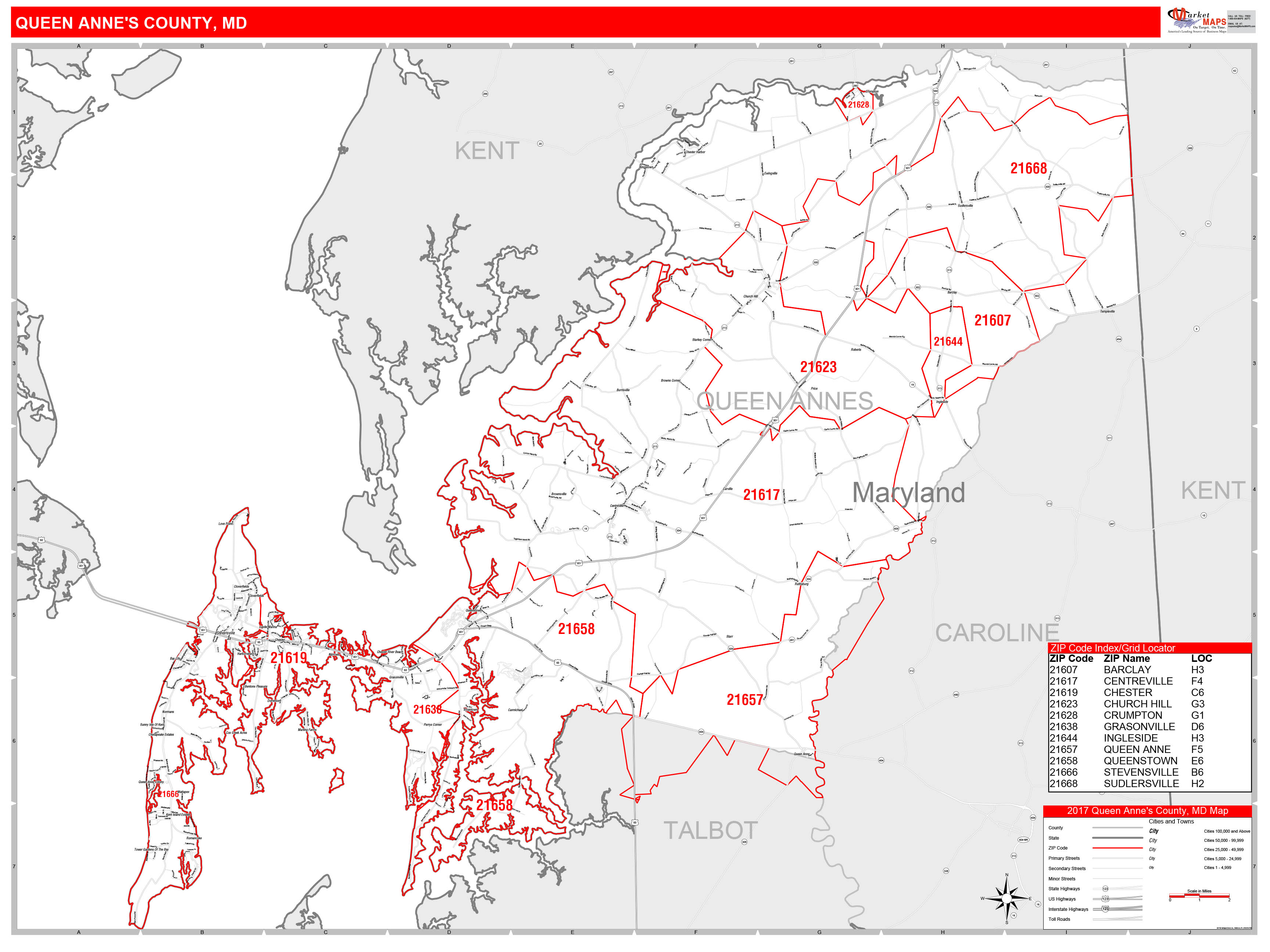Queen Anne's County, MD Zip Code Wall Map Red Line Style by MarketMAPS