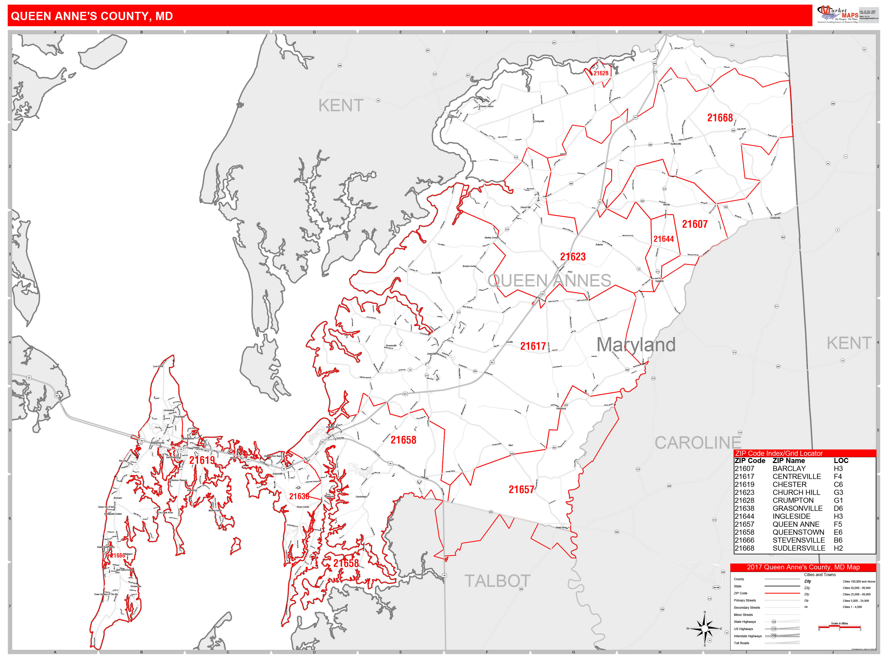 Queen Annes County Md Zip Code Wall Map Red Line Style By Marketmaps