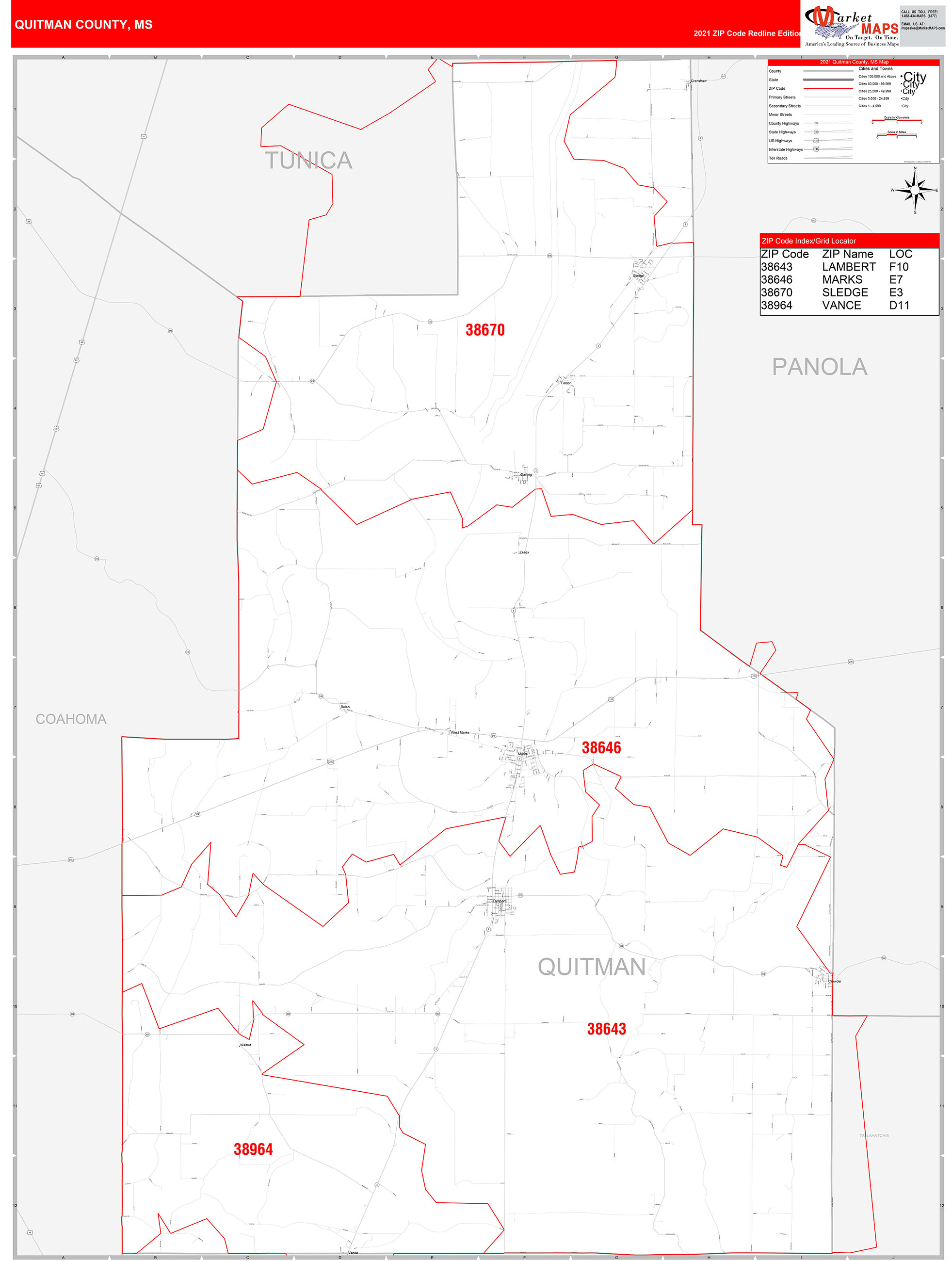 Quitman County, MS Zip Code Wall Map Red Line Style by MarketMAPS