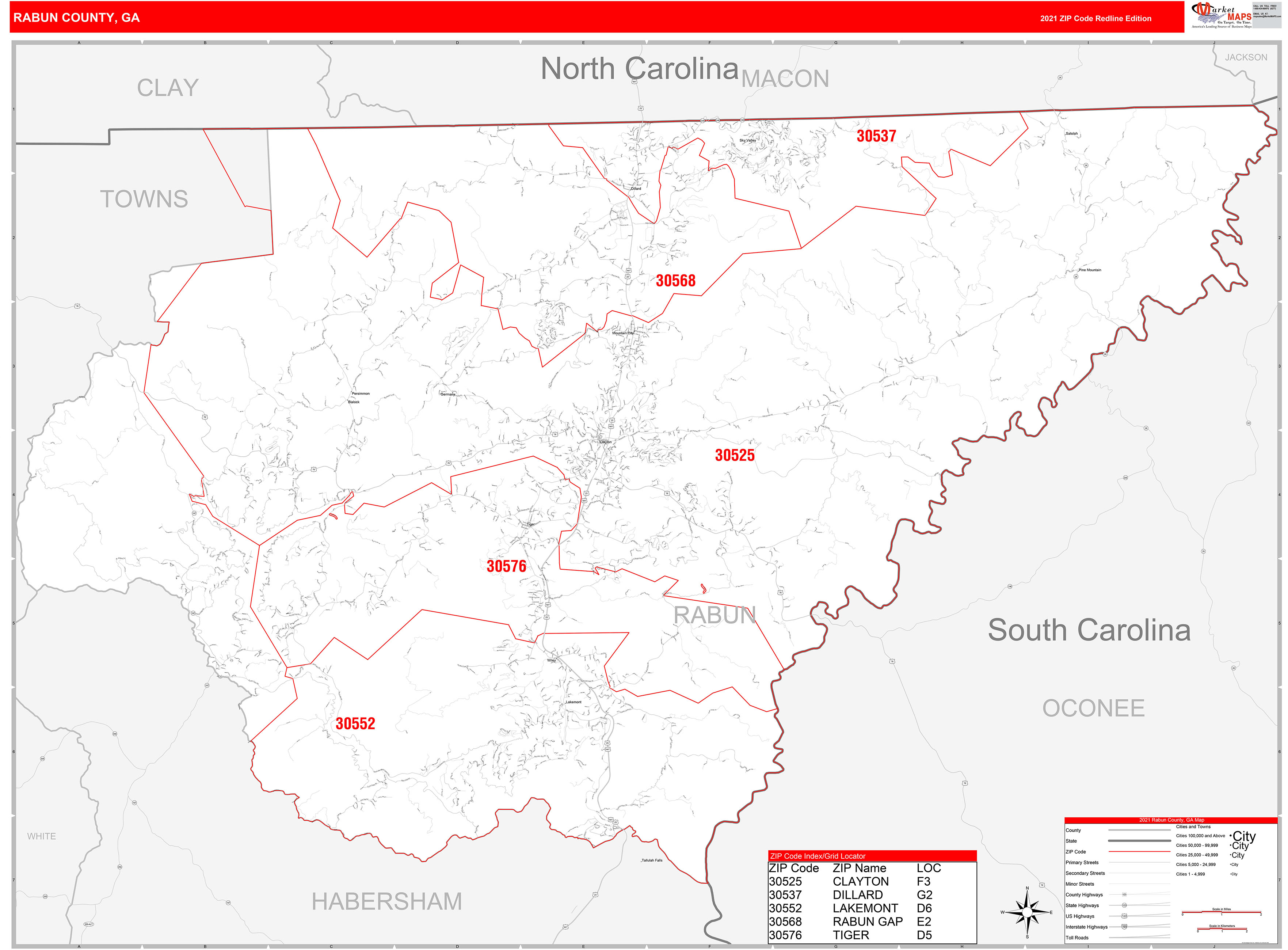 Rabun County, GA Zip Code Wall Map Red Line Style by MarketMAPS MapSales