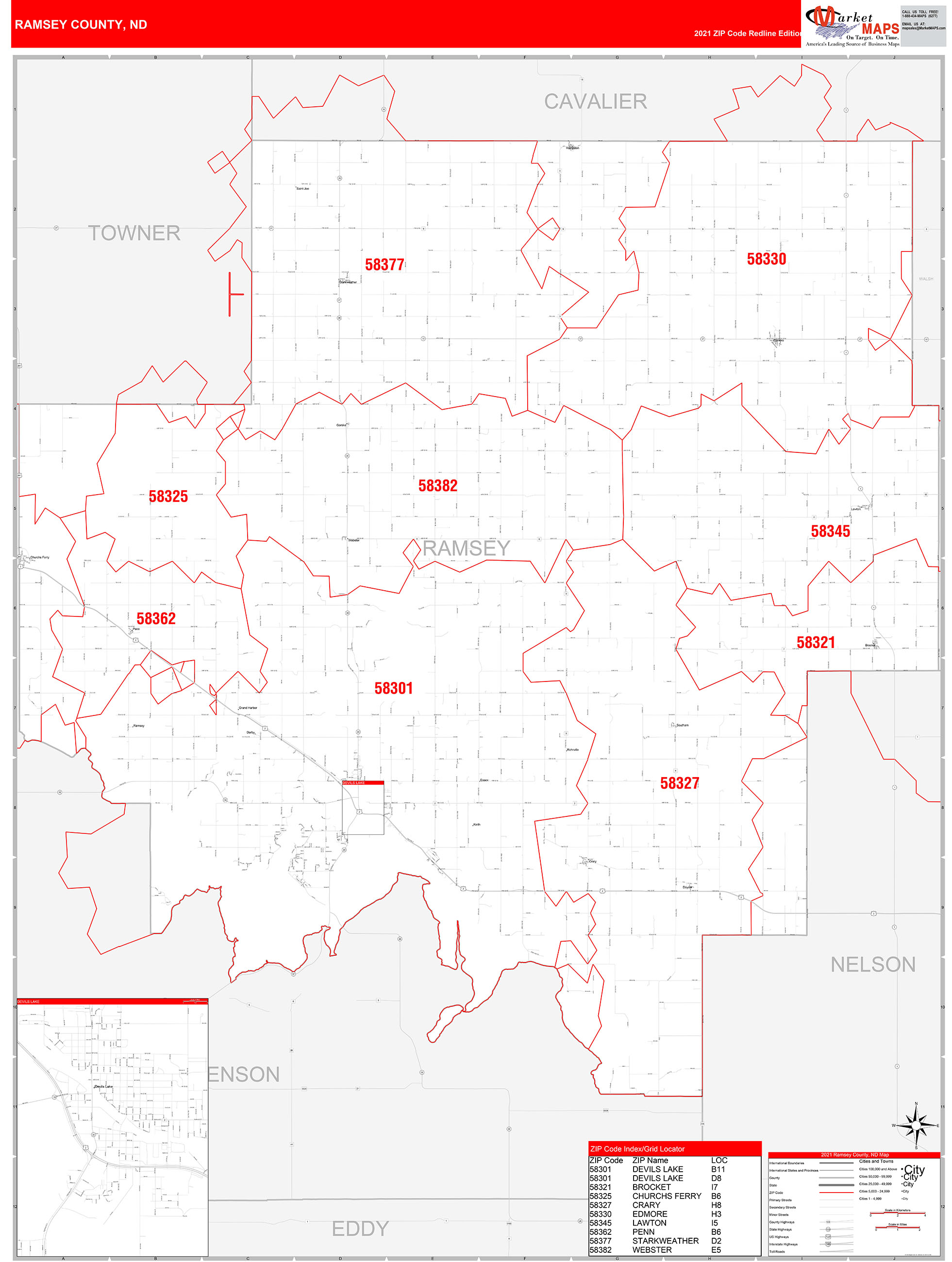 Ramsey County, ND Zip Code Wall Map Red Line Style by MarketMAPS