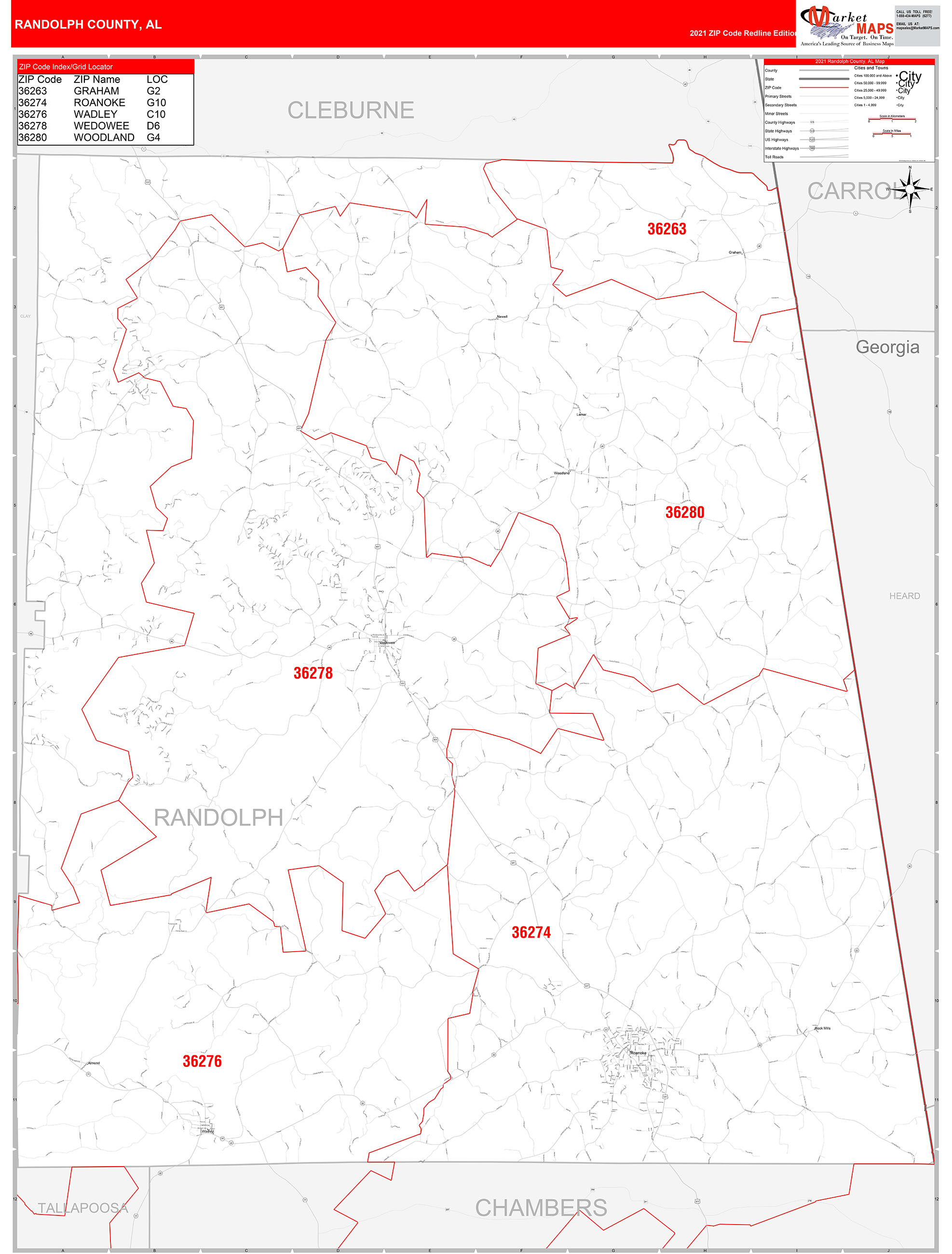 Randolph County, AL Zip Code Wall Map Red Line Style by MarketMAPS
