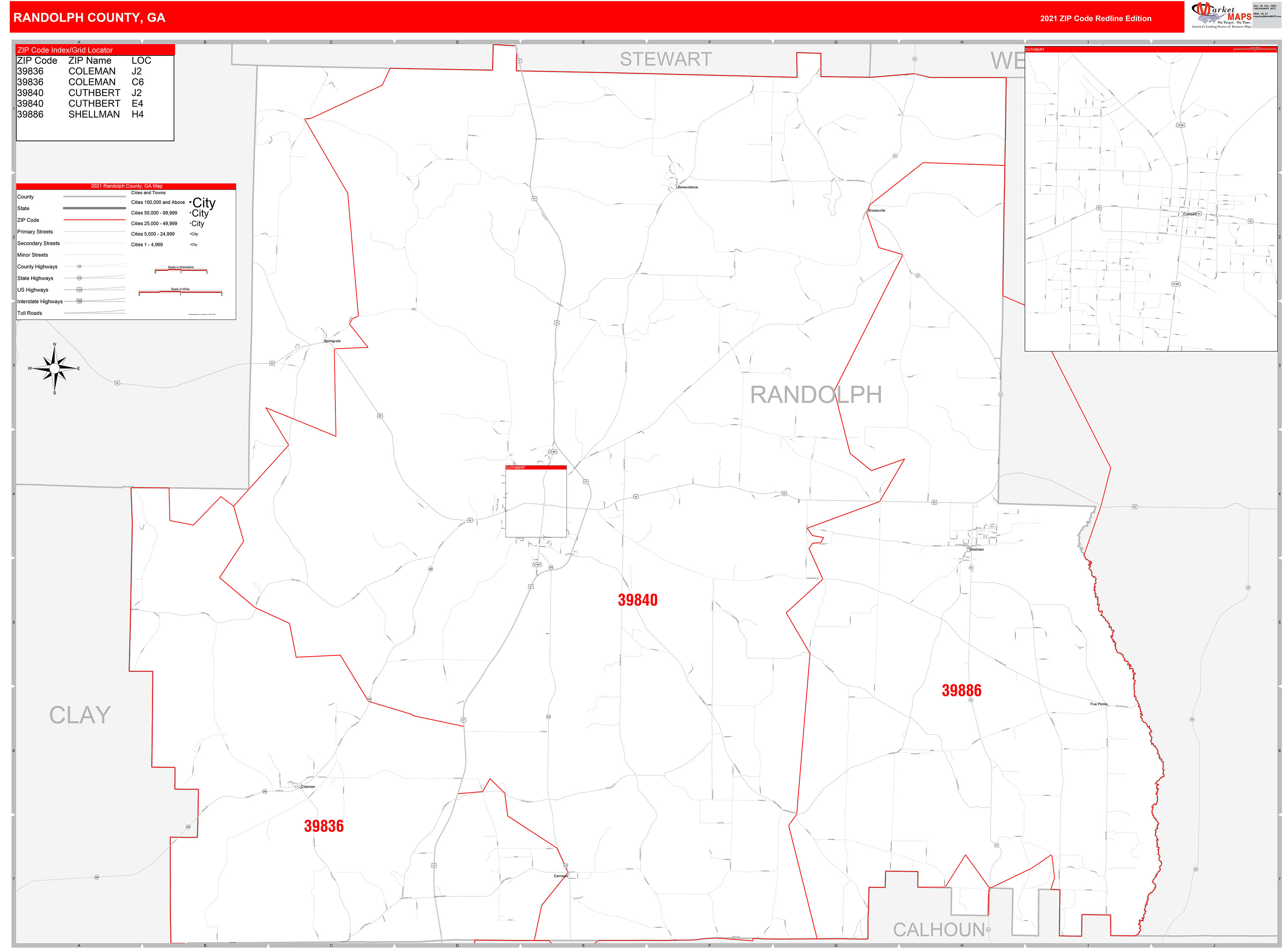 Randolph County, GA Zip Code Wall Map Red Line Style by MarketMAPS