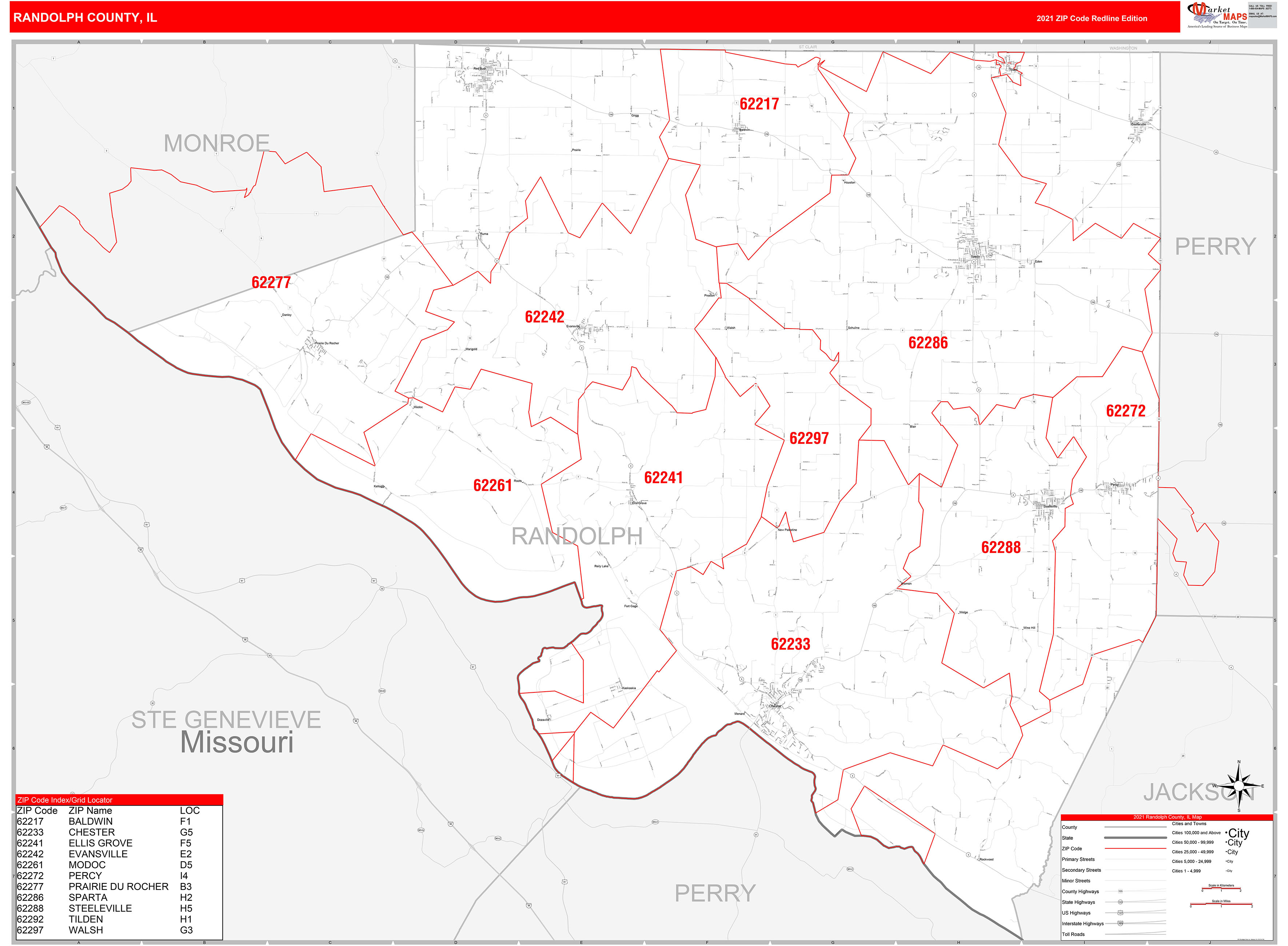 Randolph County, IL Zip Code Wall Map Red Line Style by MarketMAPS