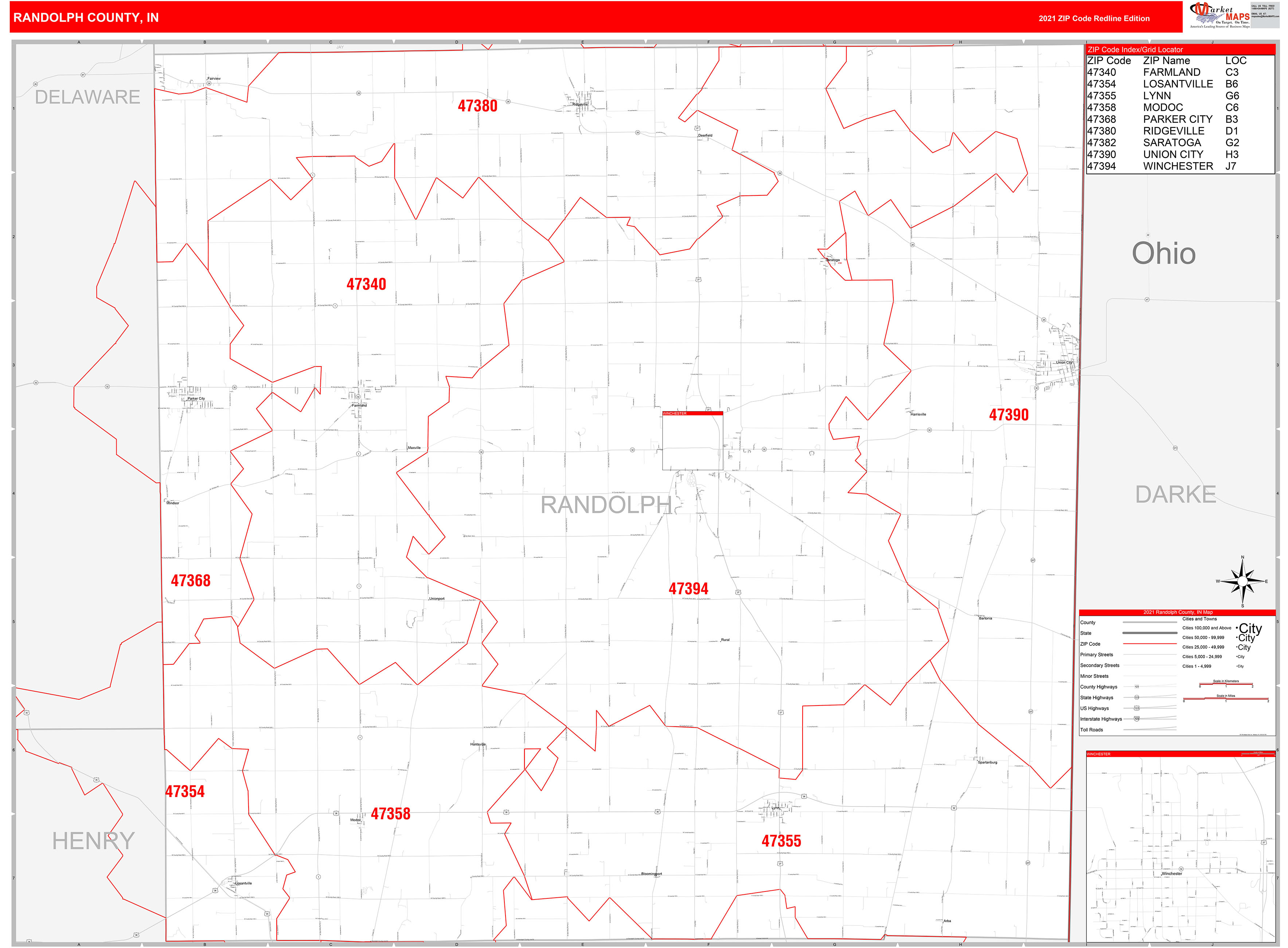 Randolph County, IN Zip Code Wall Map Red Line Style by MarketMAPS ...