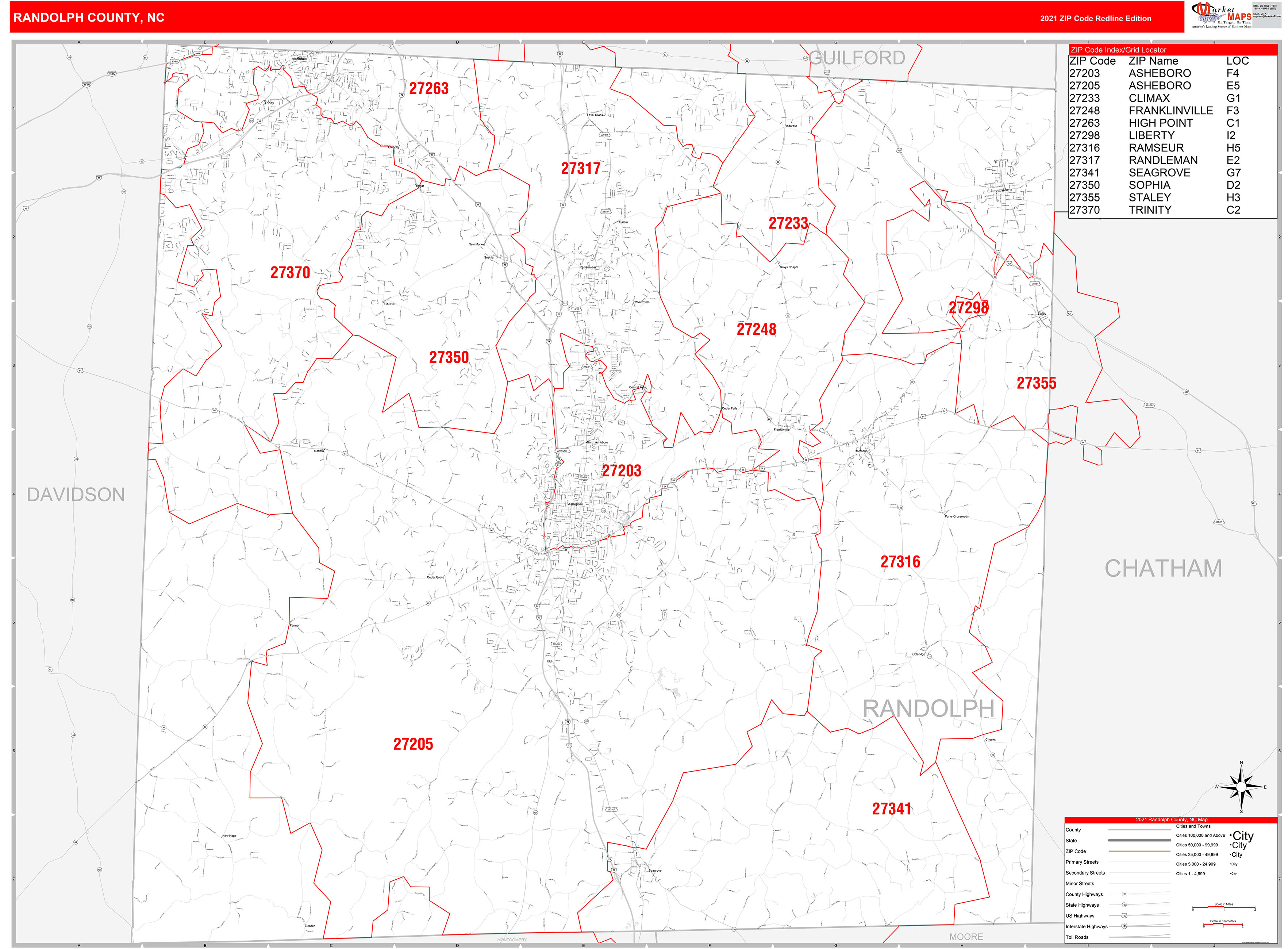 Randolph County Nc Zip Code Wall Map Red Line Style By Marketmaps