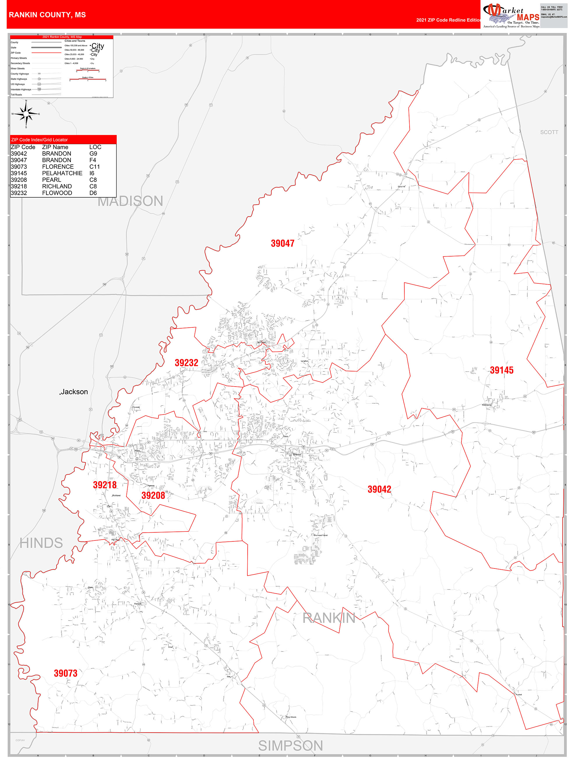 Rankin County, MS Zip Code Wall Map Red Line Style by MarketMAPS MapSales