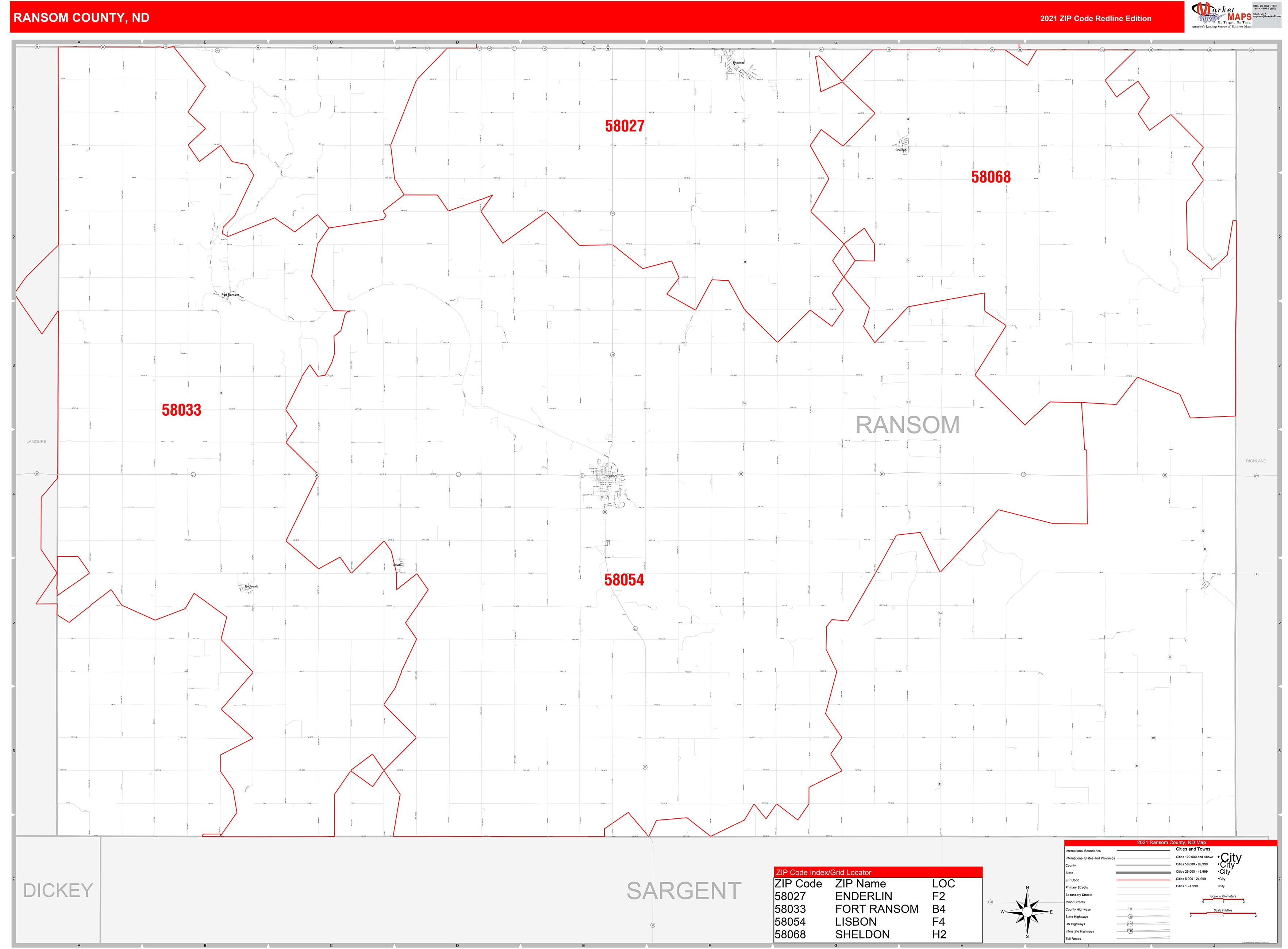 Ransom County, ND Zip Code Wall Map Red Line Style by MarketMAPS