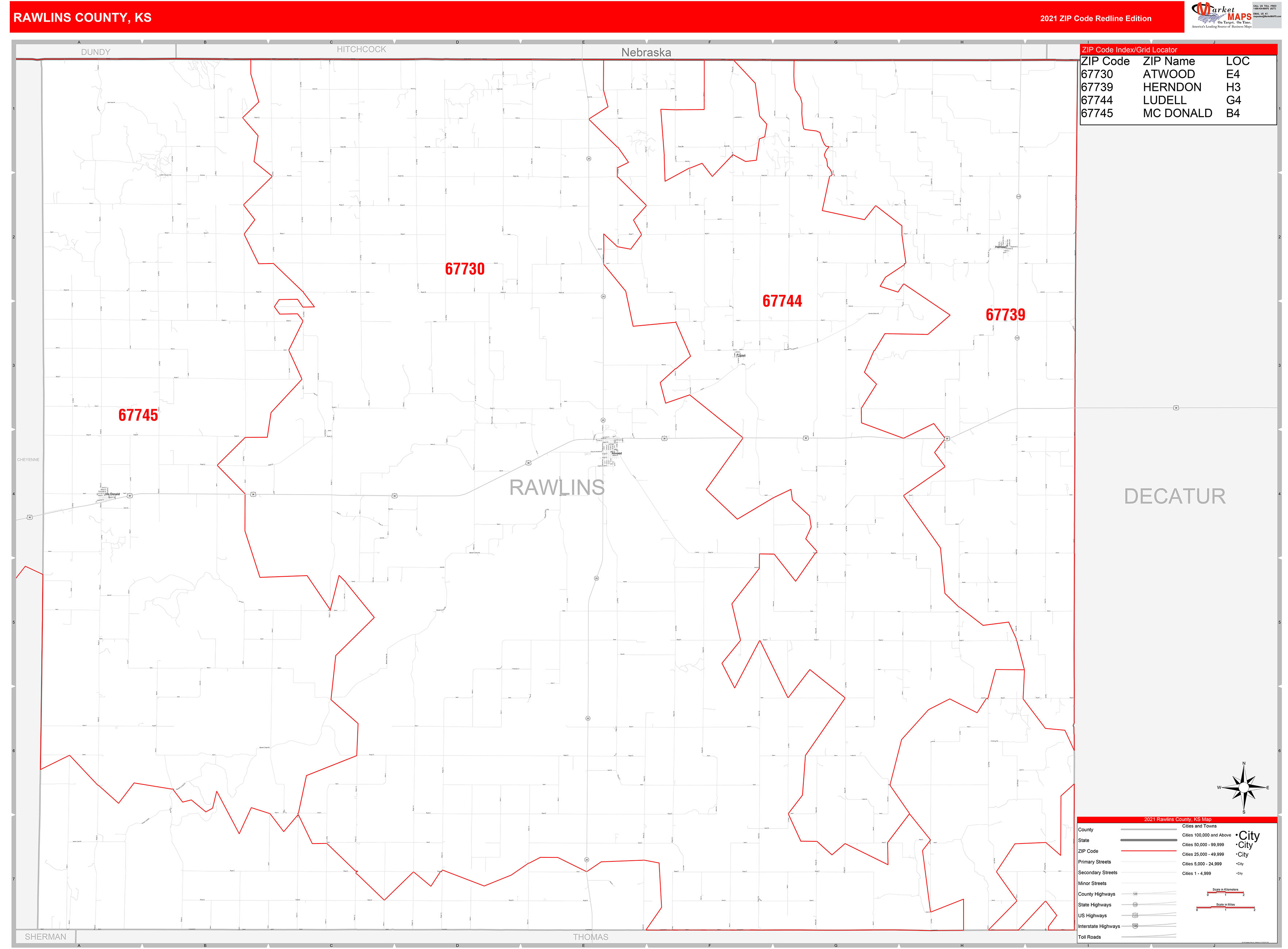 Rawlins County, KS Zip Code Wall Map Red Line Style by MarketMAPS