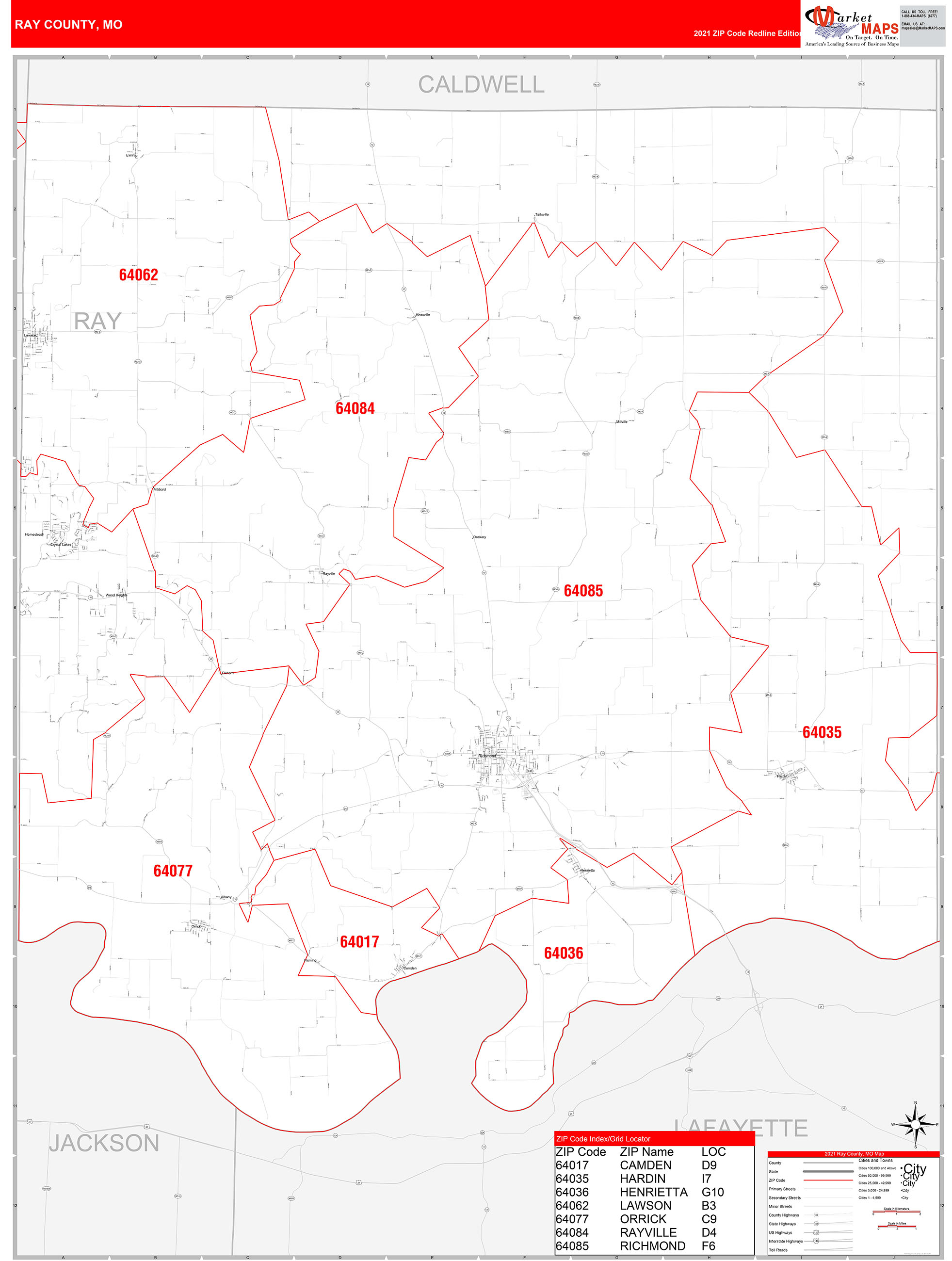 Ray County, MO Zip Code Wall Map Red Line Style by MarketMAPS MapSales