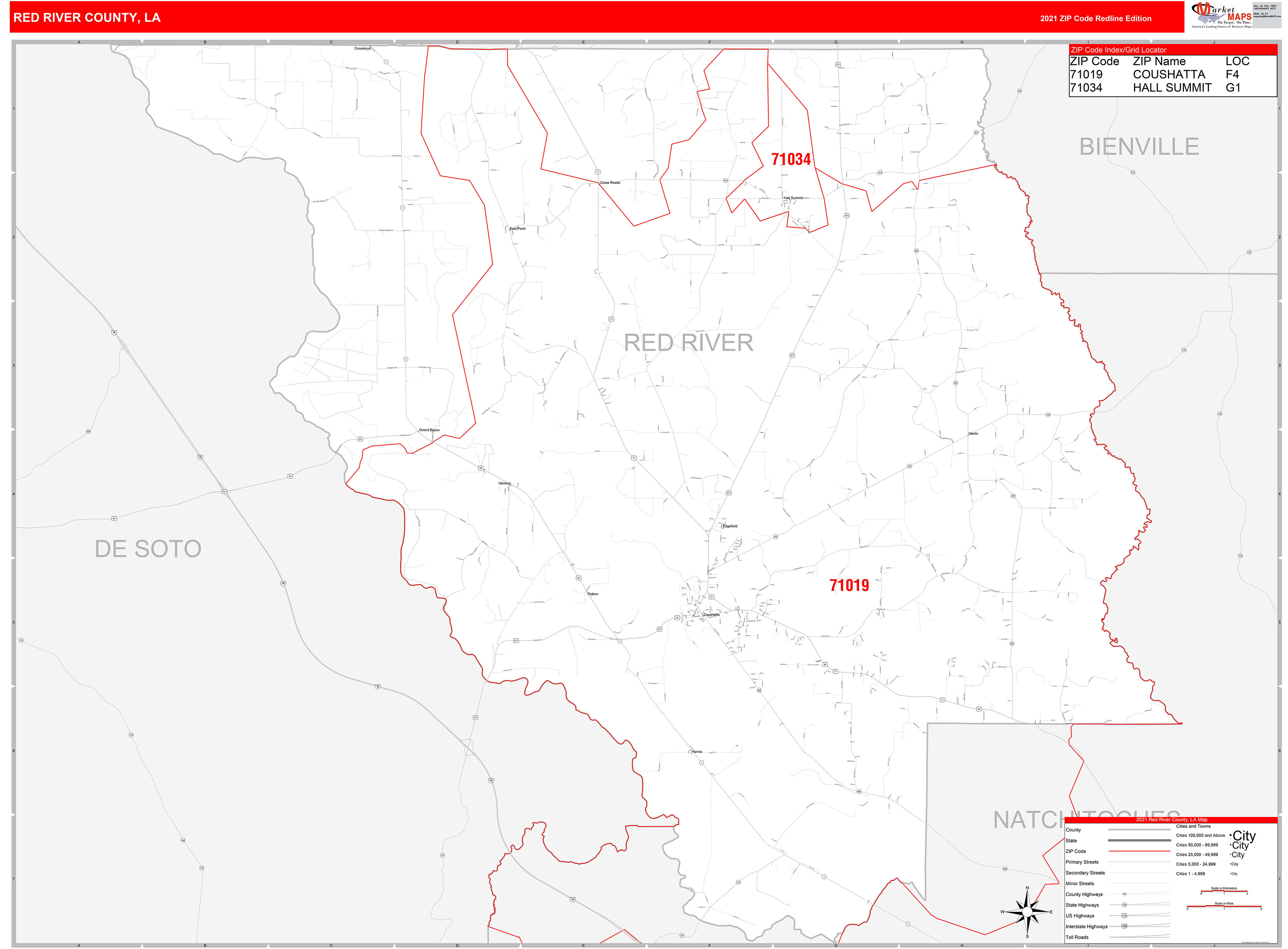 Red River County, LA Zip Code Wall Map Red Line Style by MarketMAPS