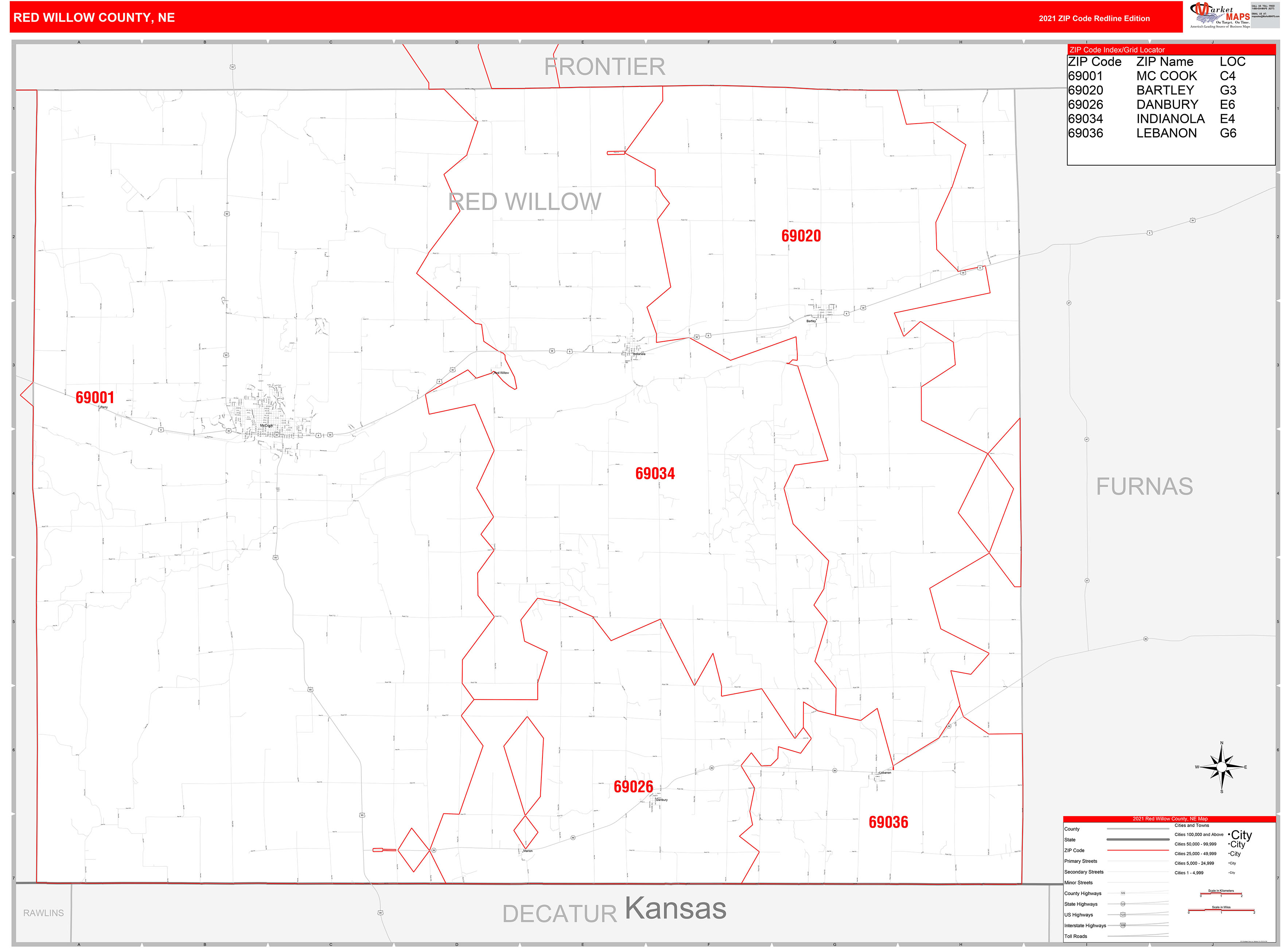 Red Willow County, NE Zip Code Wall Map Red Line Style by MarketMAPS