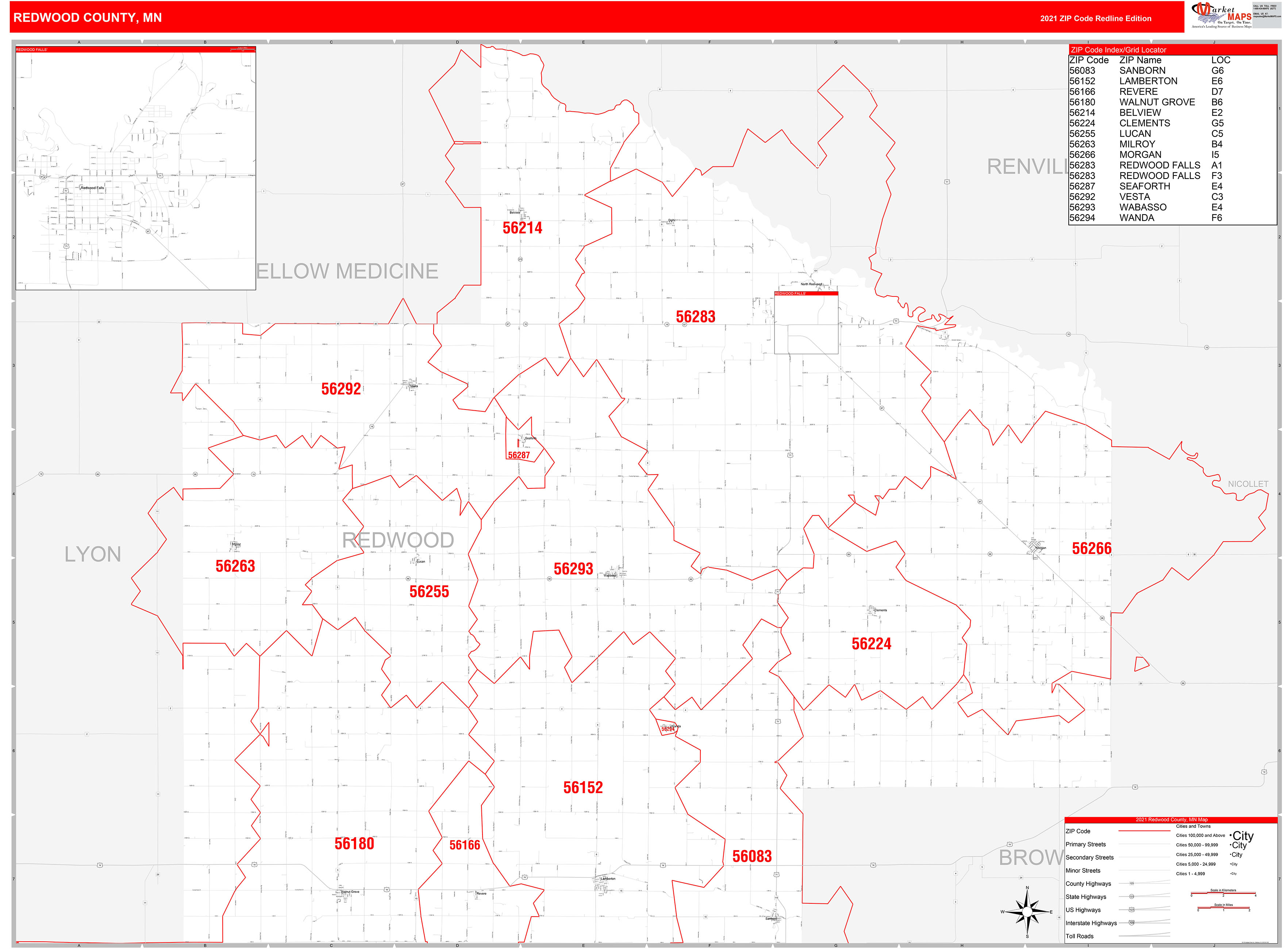 Redwood County, MN Zip Code Wall Map Red Line Style by MarketMAPS
