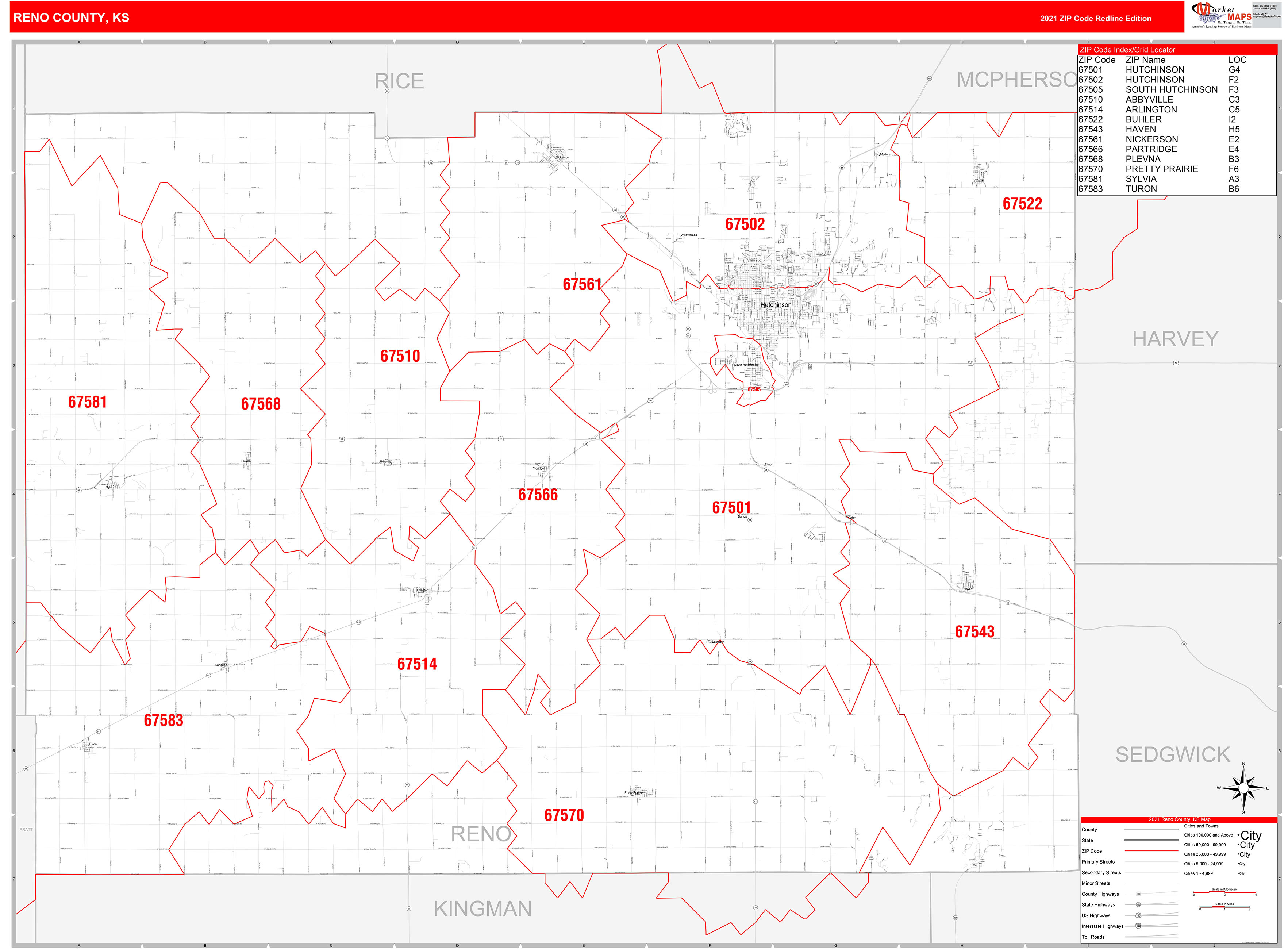 Reno County, KS Zip Code Wall Map Red Line Style by MarketMAPS MapSales