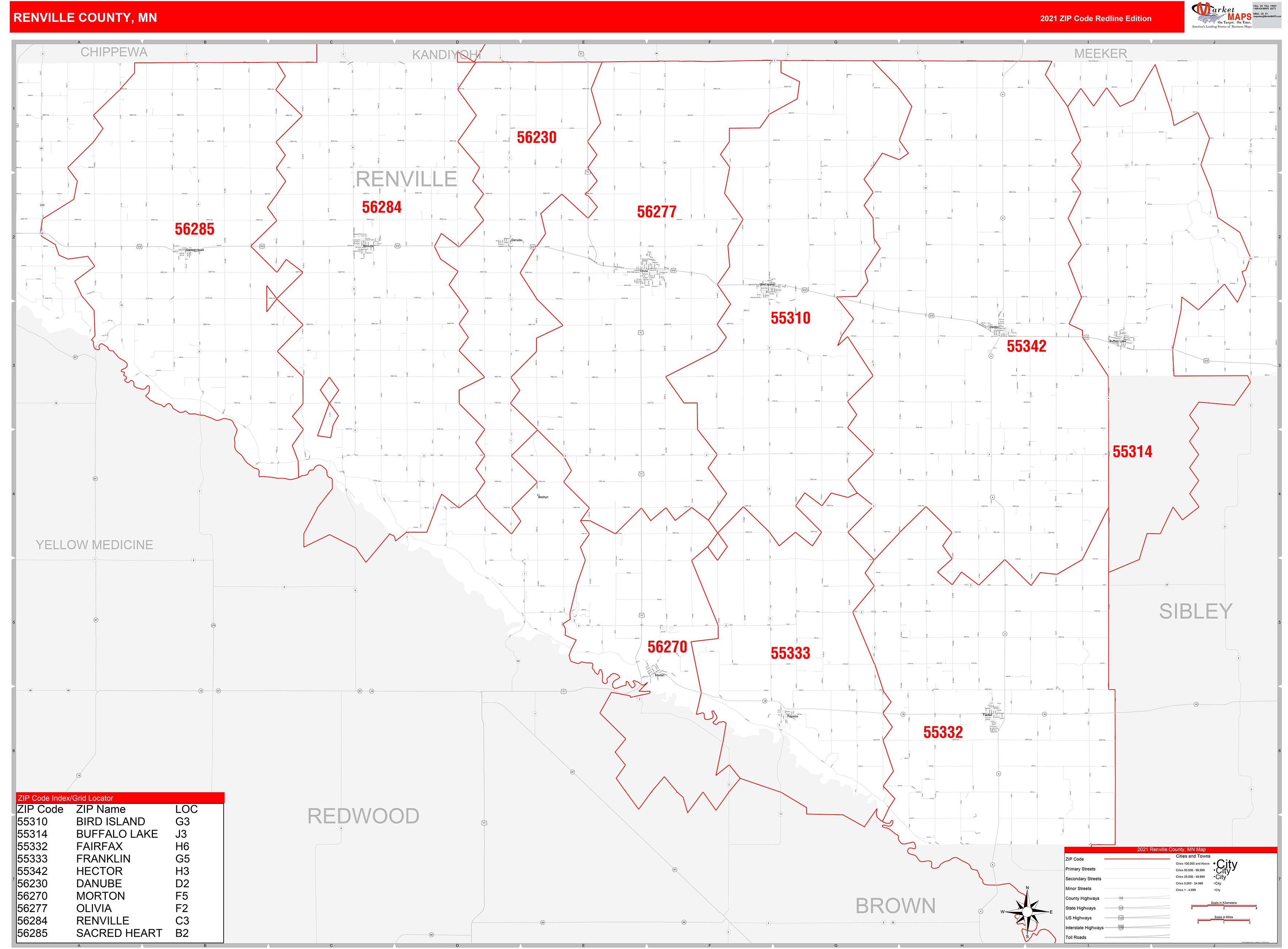 Renville County, MN Zip Code Wall Map Red Line Style by MarketMAPS