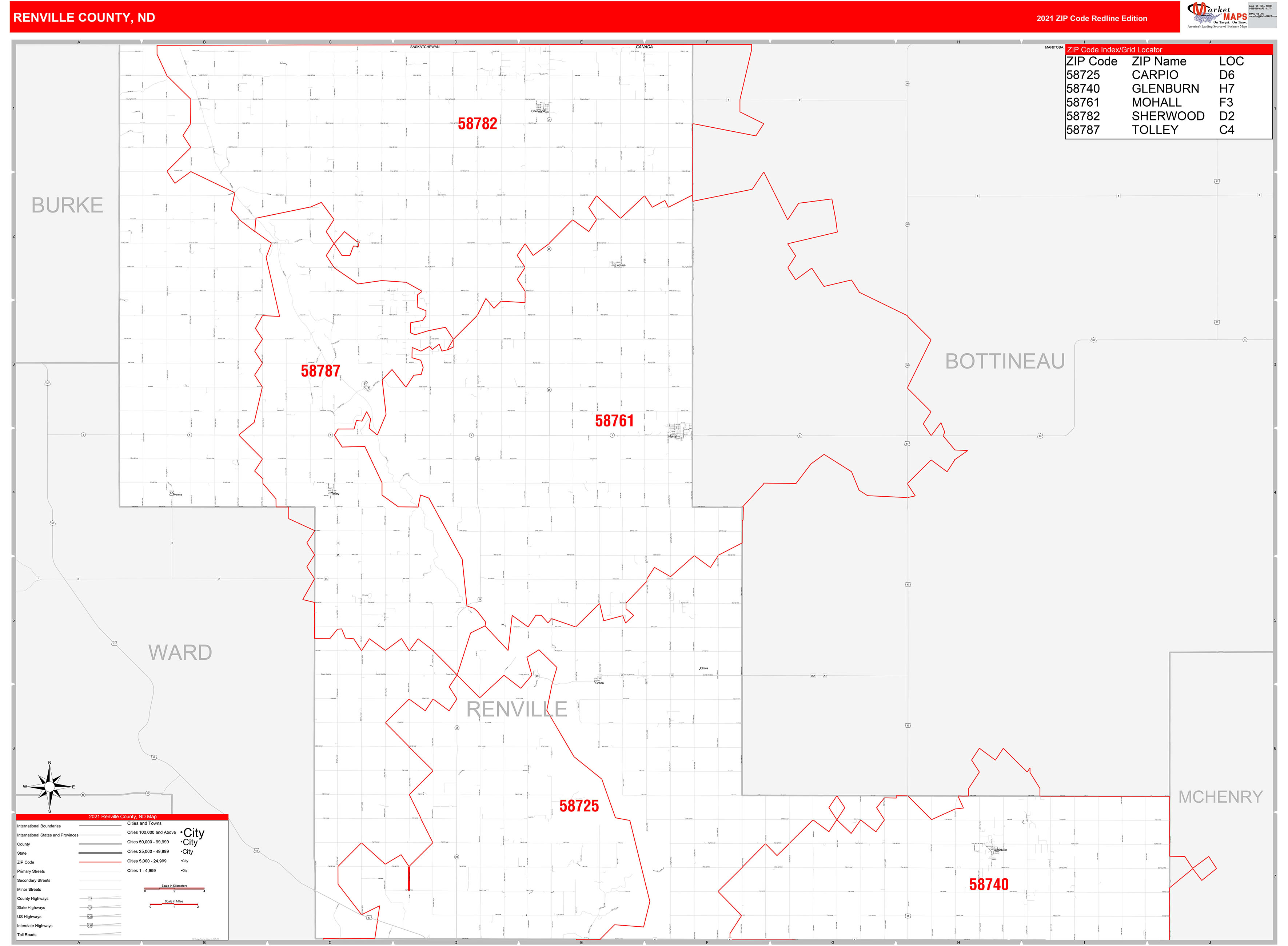 Renville County, ND Zip Code Wall Map Red Line Style by MarketMAPS