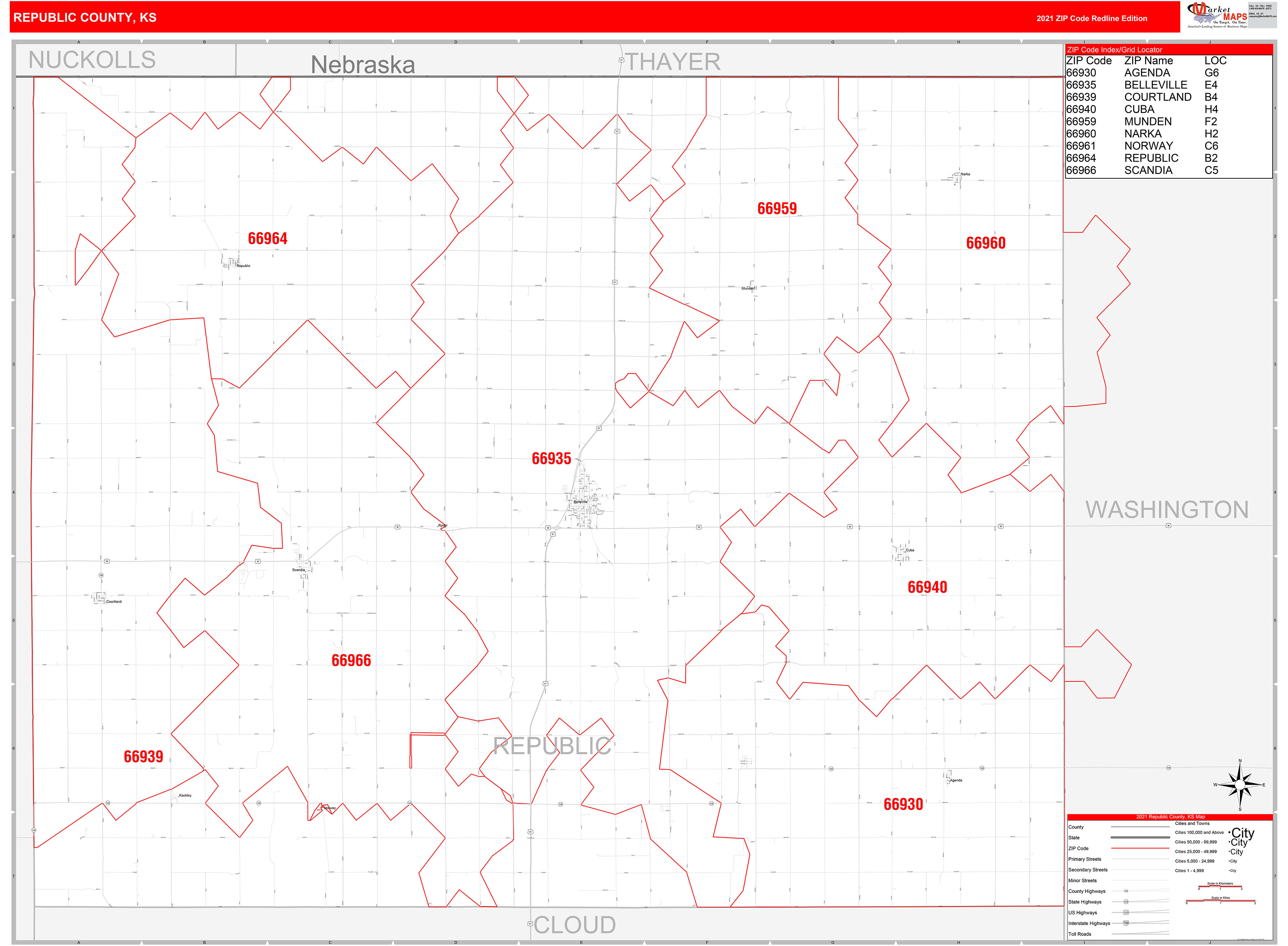 Republic County, KS Zip Code Wall Map Red Line Style by MarketMAPS