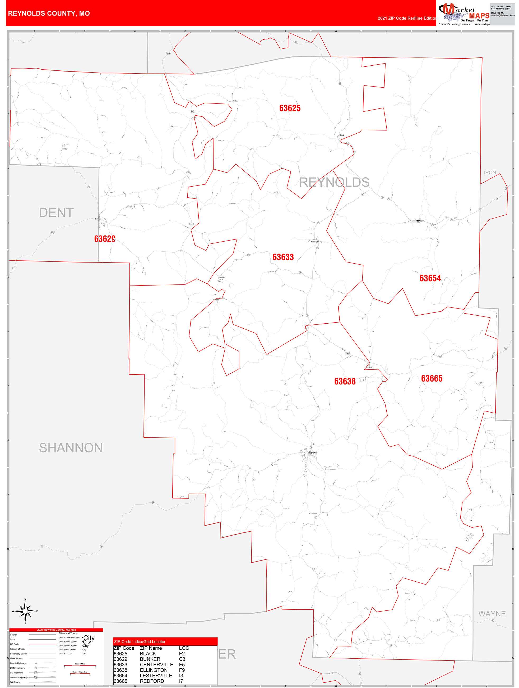Reynolds County, MO Zip Code Wall Map Red Line Style by MarketMAPS