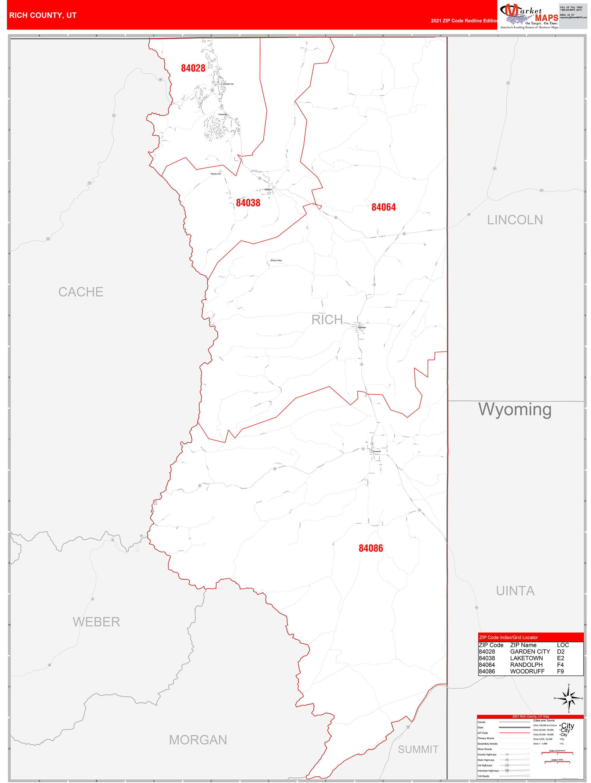 Rich County, UT Zip Code Wall Map Red Line Style by MarketMAPS MapSales