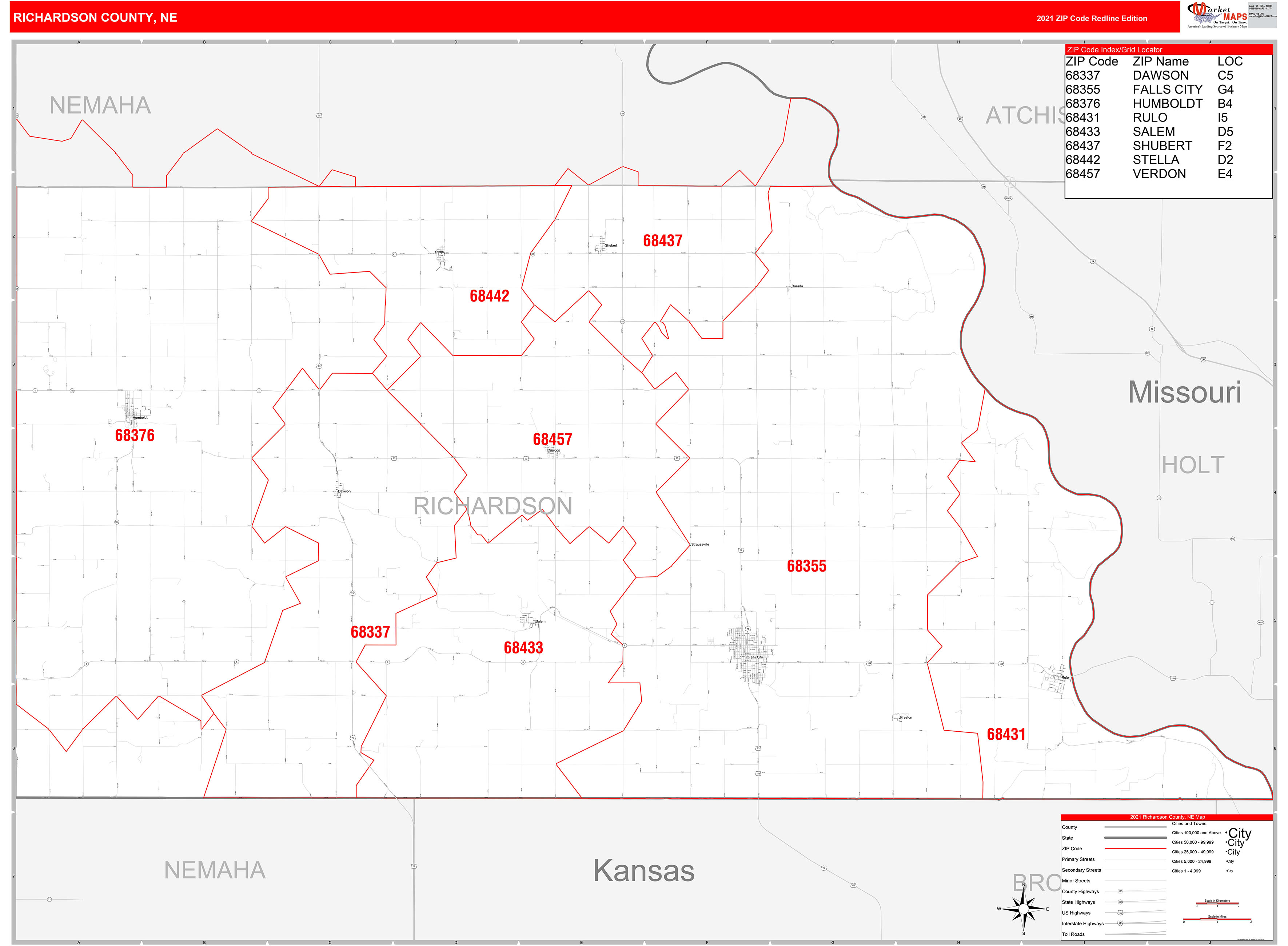 Richardson County Ne Zip Code Wall Map Red Line Style By Marketmaps