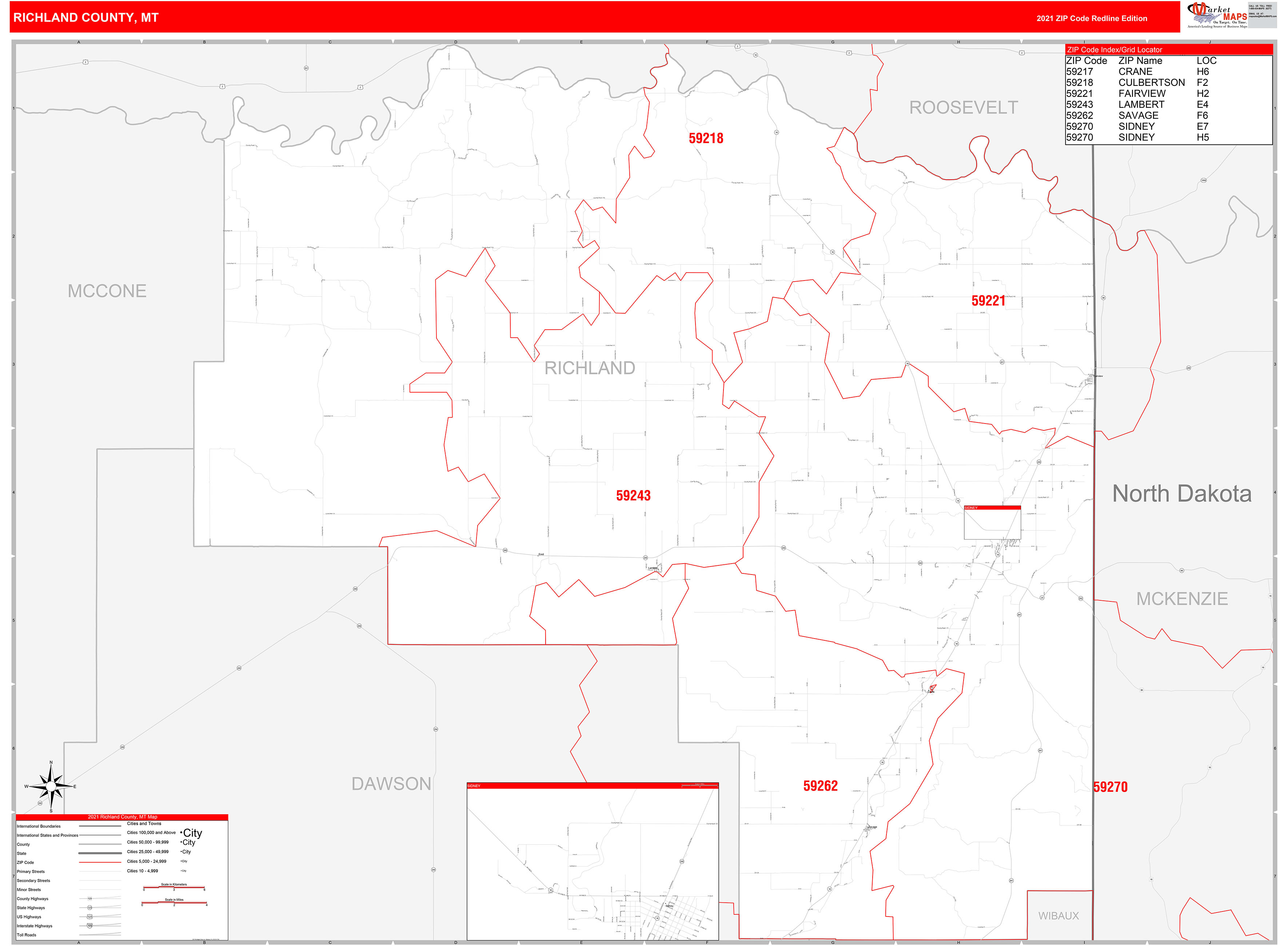 Richland County, MT Zip Code Wall Map Red Line Style by MarketMAPS