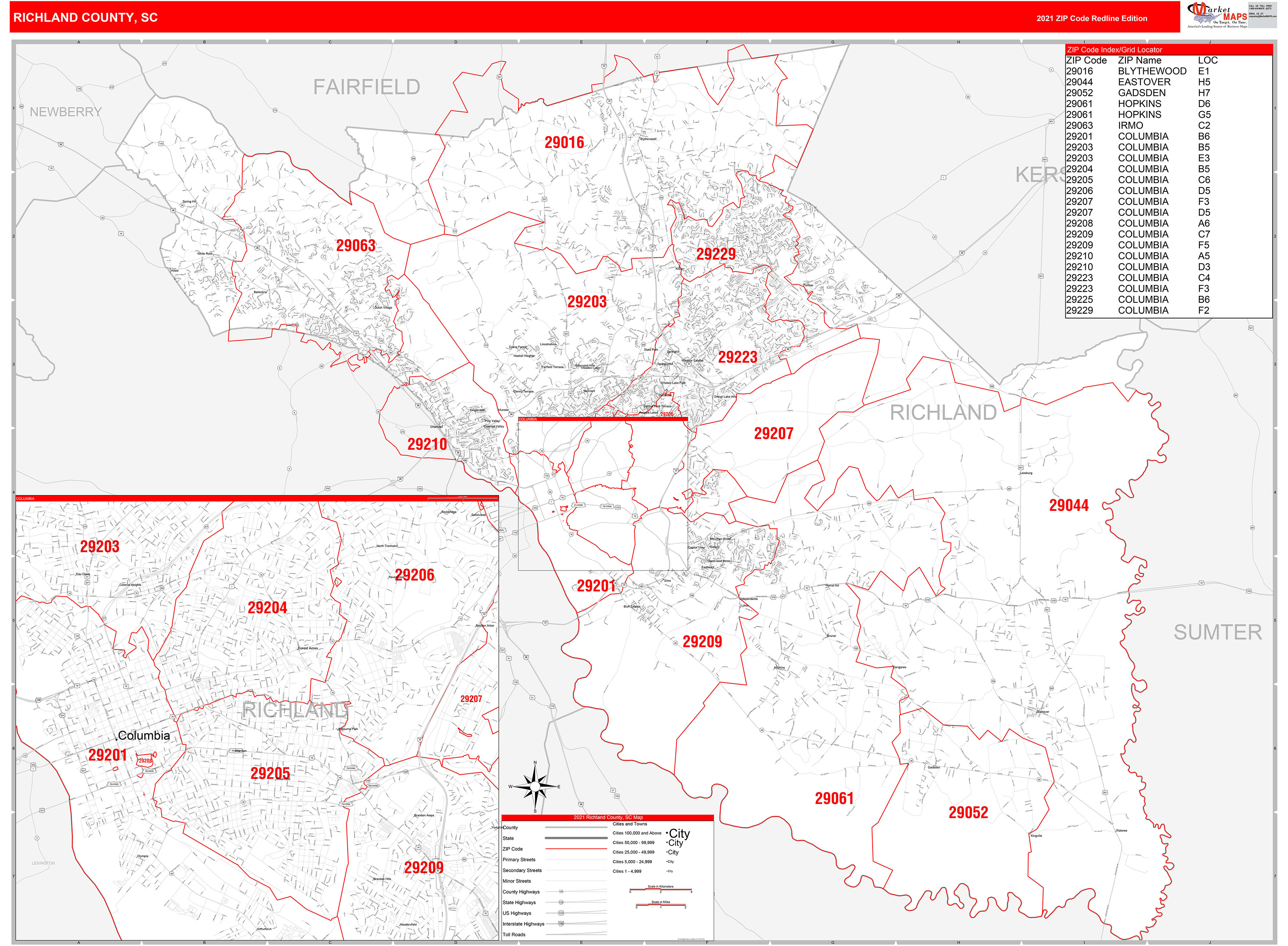 Richland County, SC Zip Code Wall Map Red Line Style by MarketMAPS