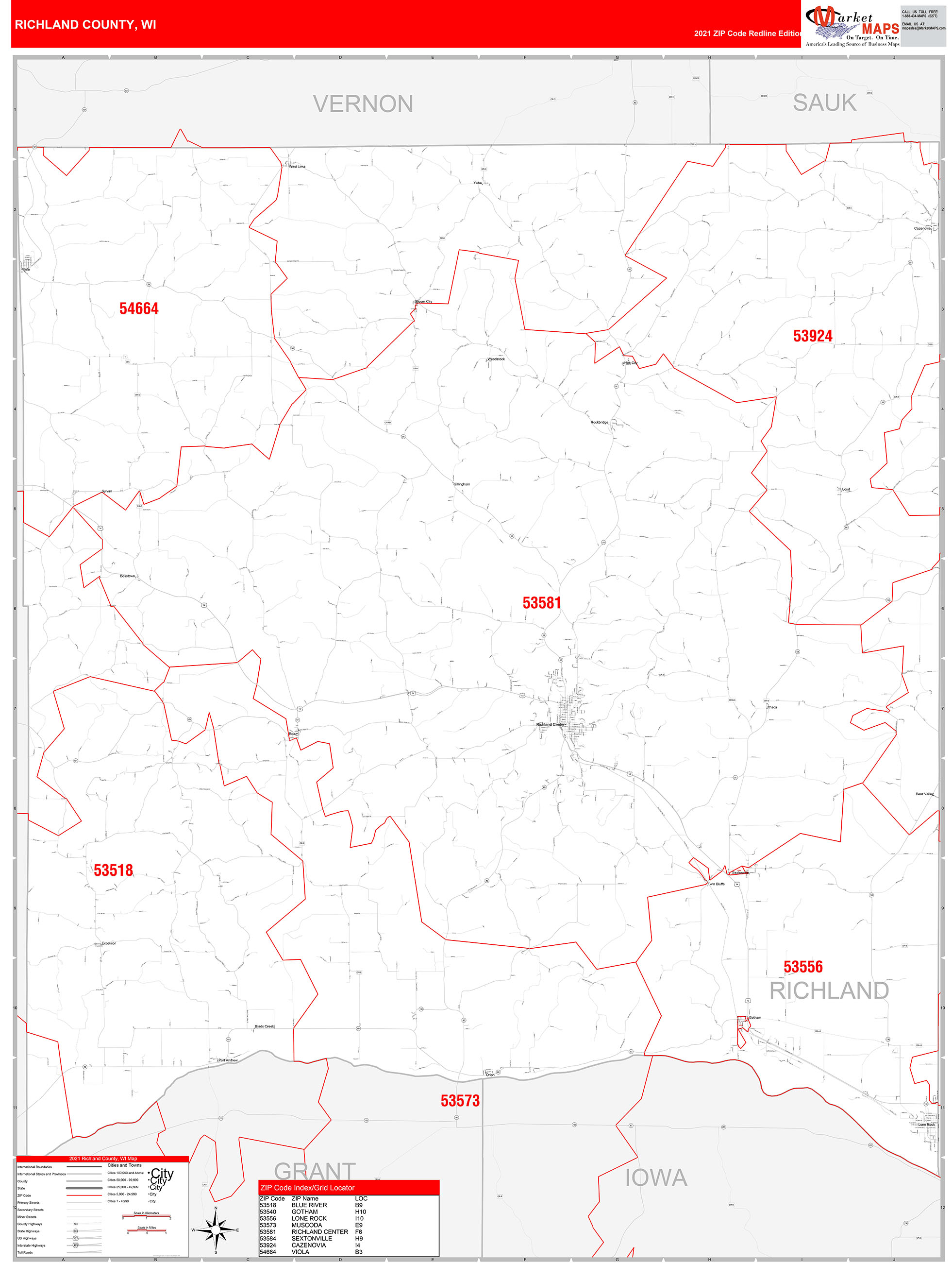 Richland County, WI Zip Code Wall Map Red Line Style by MarketMAPS MapSales